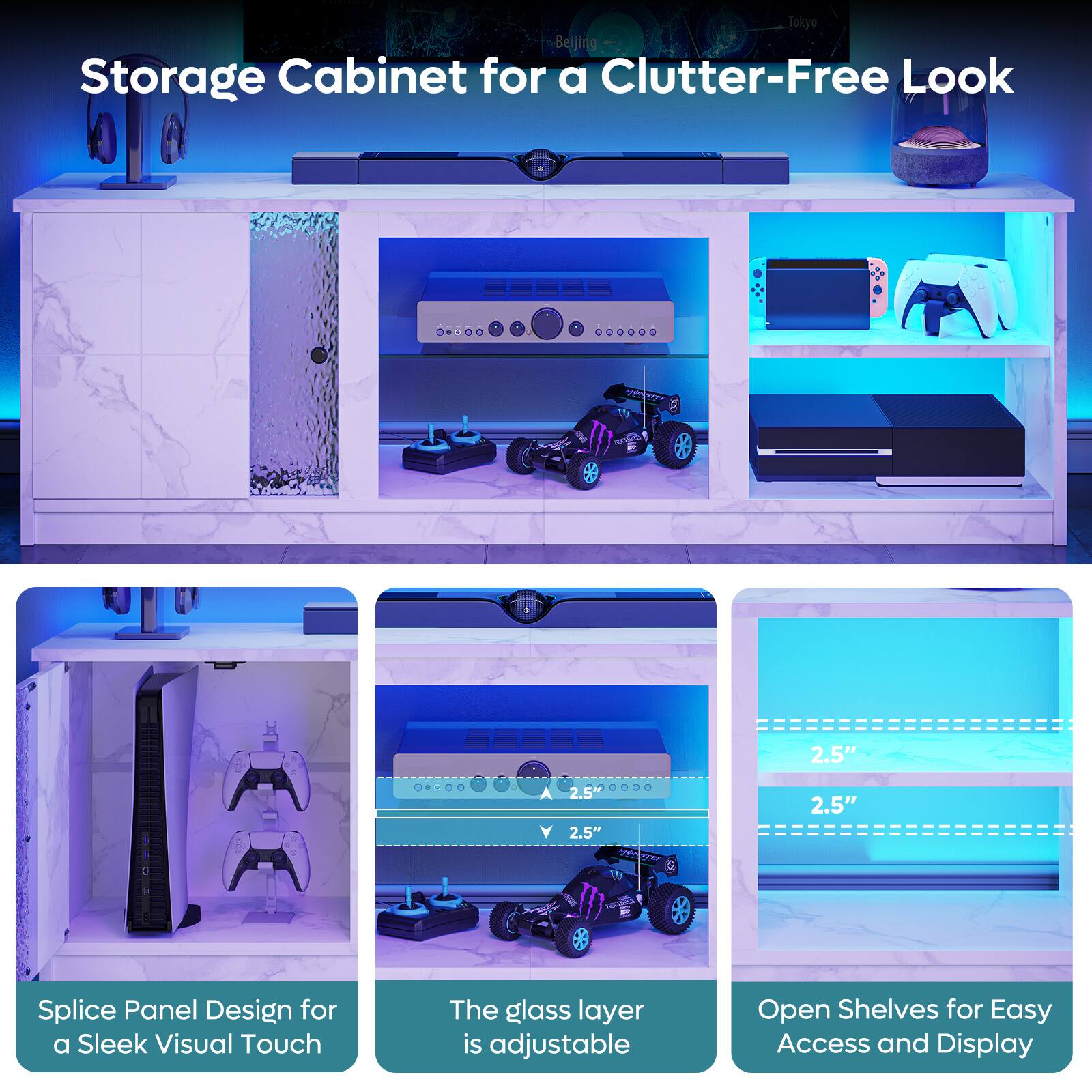 Storage Cabinet for a Clutter-Free Look

* Splice Panel Design for a Sleek Visual Touch
* The glass layer is adjustable
* Open Shelves for Easy Access and Display