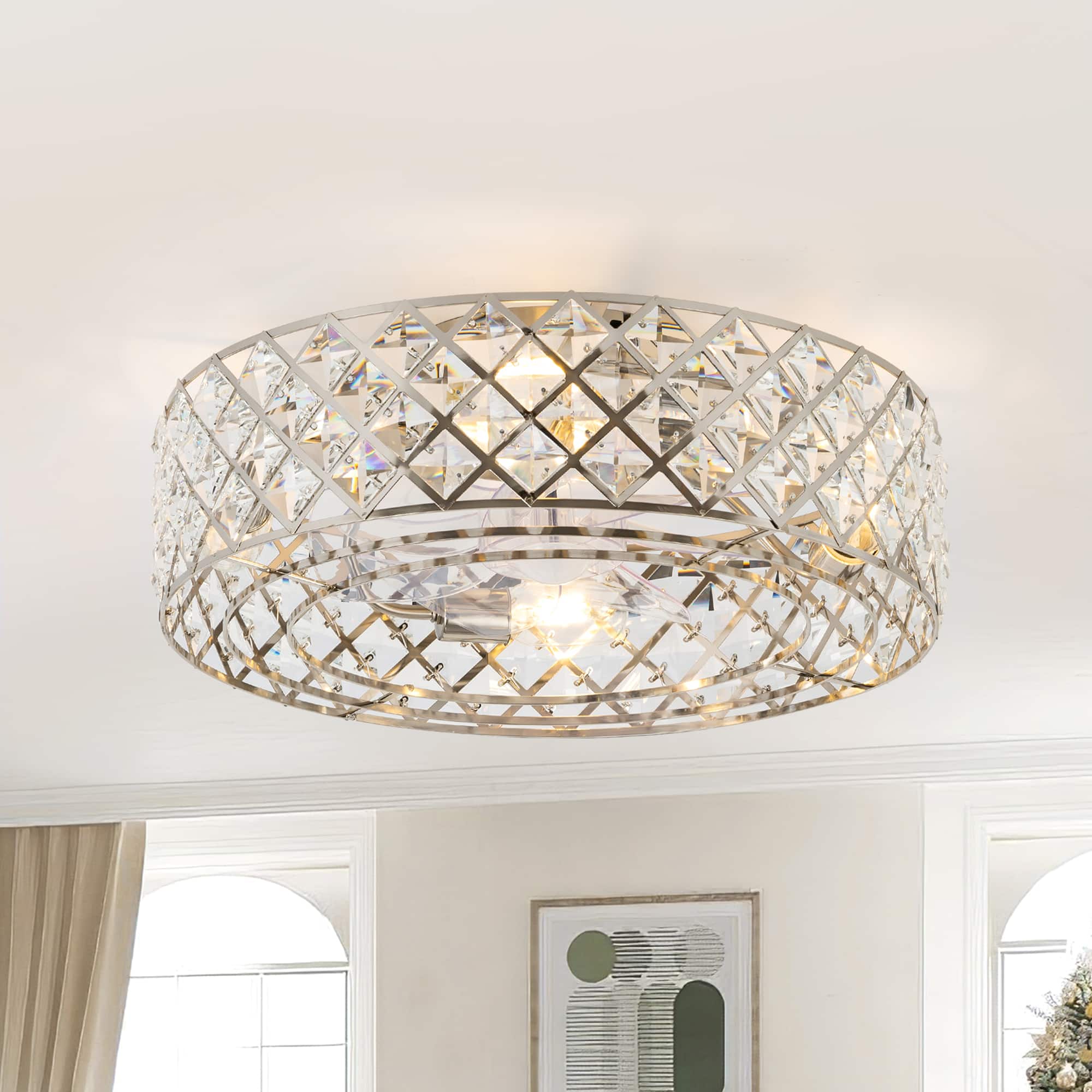 Front. Breezary - 19-Inch Ceiling Fan with Crystal Cage Shade, 7 Transparent ABS Blades, DC Motor, 6-Speed Remote Control, Timer, E26 Base - Satin Nickel.