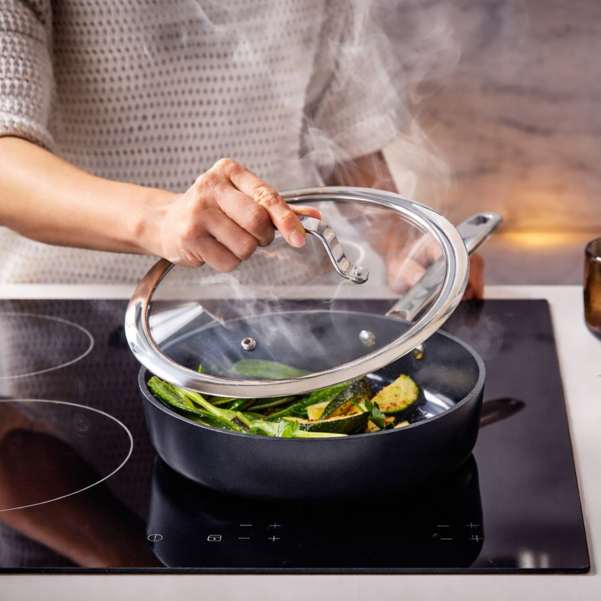 Angle. Alva - Alva Maestro Nonstick Sauté Pan with Glass Lid 4Qt. - Easy to Clean, Oven Safe - Black.