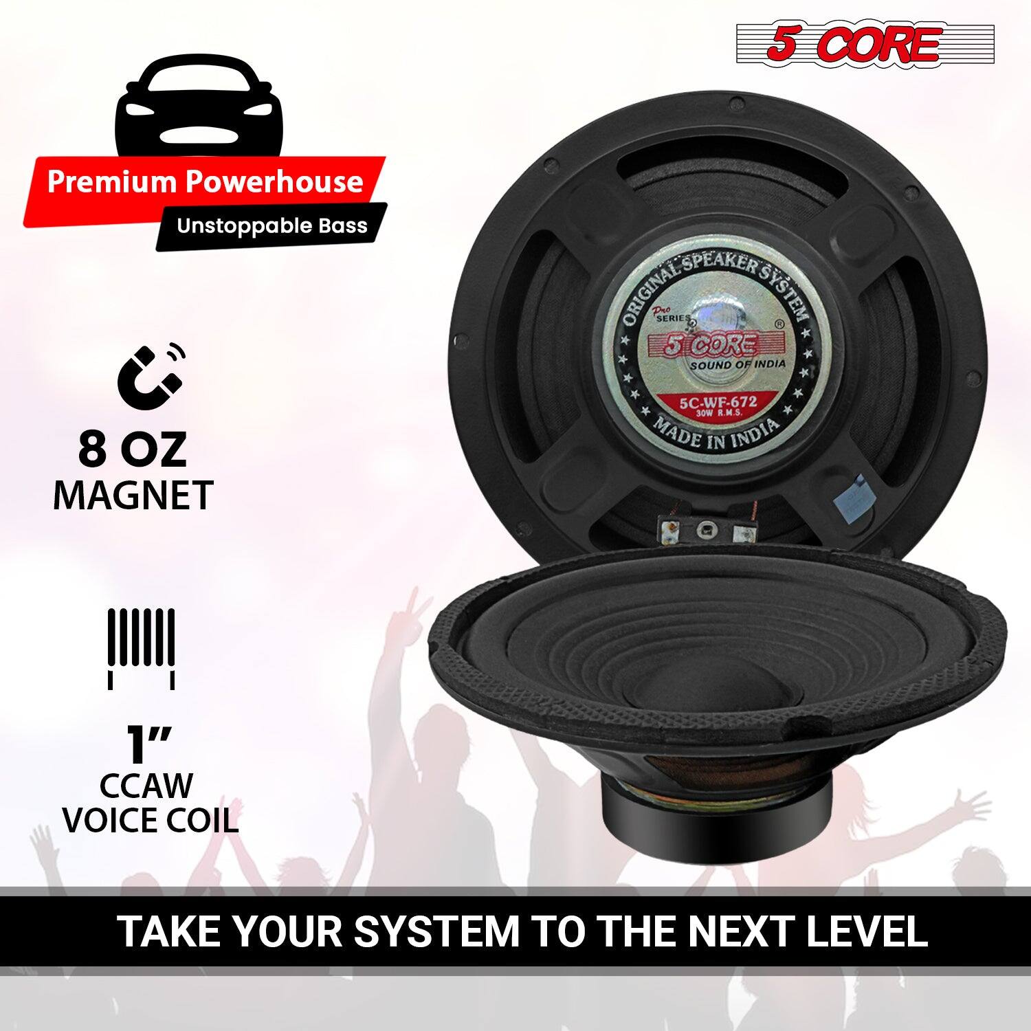 5 CORE  
Premium Powerhouse Unstoppable Bass  
8 OZ MAGNET  
SPEAKER ORIGINAL Do SERIES SYSTEM 1 5.CORE SOUND OF INDIA 5C-WF-672 30W R.M.S. MADE IN INDIA  
1" CCAW VOICE COIL  
TAKE YOUR SYSTEM TO THE NEXT LEVEL