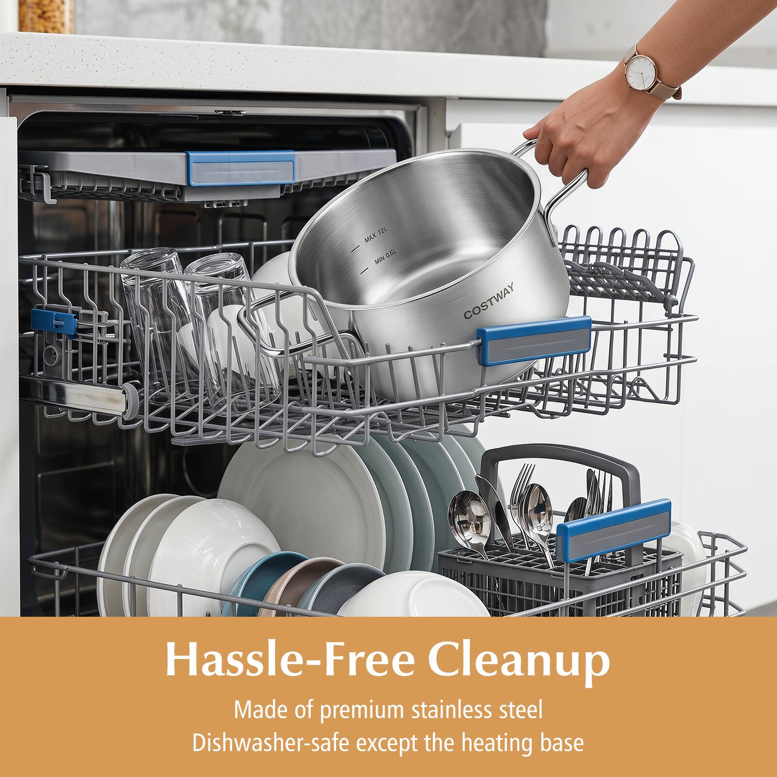 Hassle-Free Cleanup  
Made of premium stainless steel  
Dishwasher-safe except the heating base
