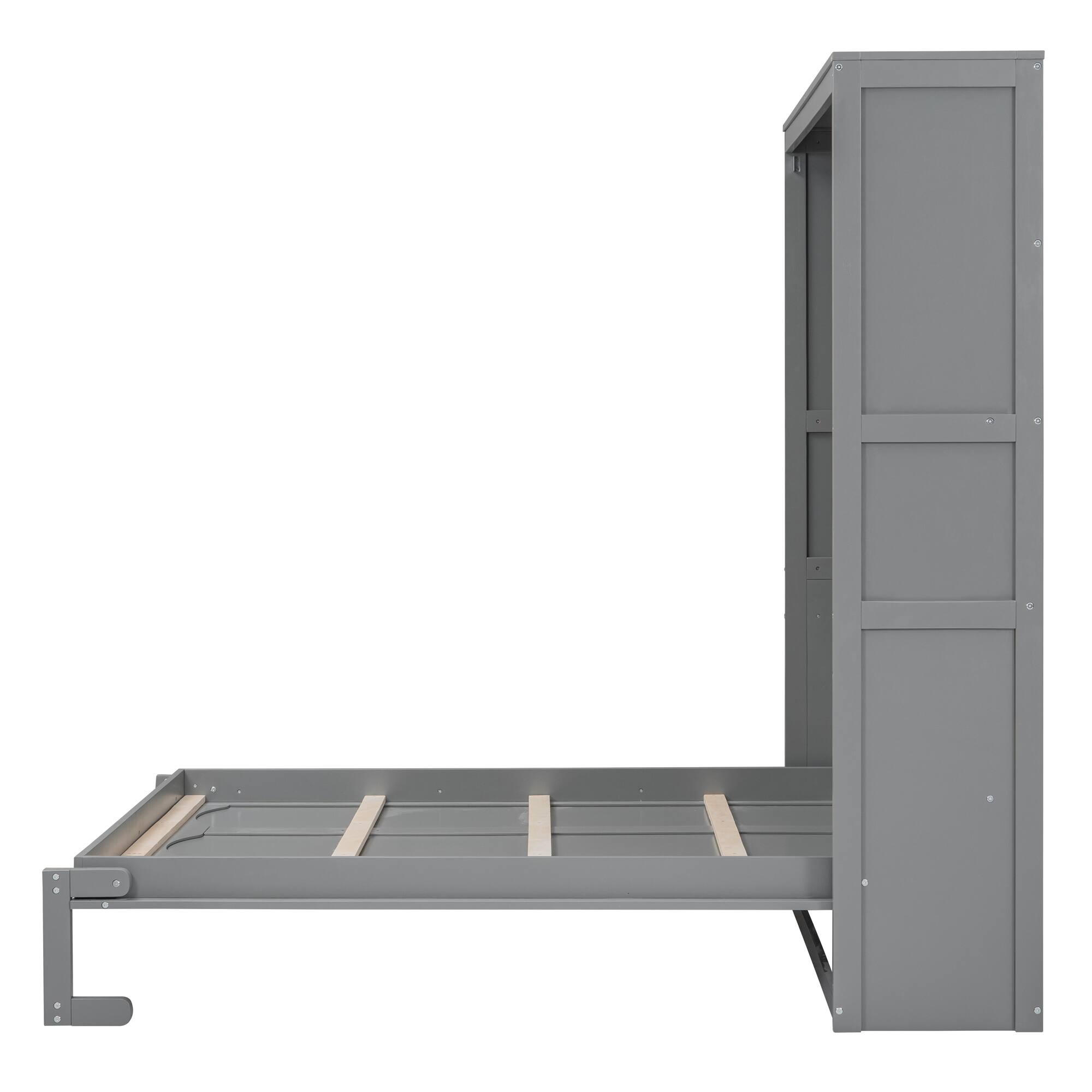 Alt View 4. Tiramisubest - Full Size Murphy Bed with Shelves, Gray, Solid Wood + MDF, Space-Saving - Gray.