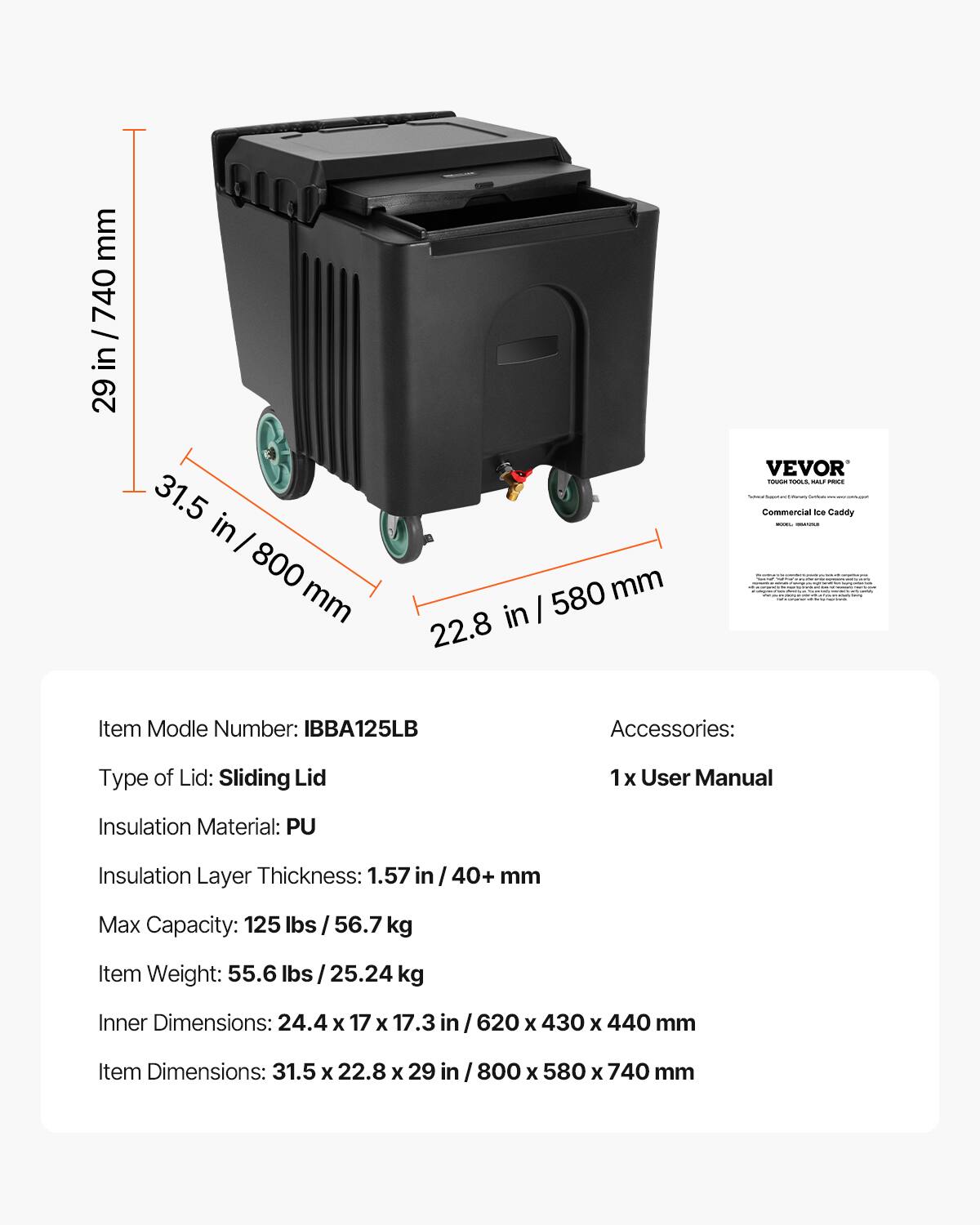 - Item Model Number: IBBA125LB
- Type of Lid: Sliding Lid
- Accessories: 1 x User Manual
- Insulation Material: PU
- Insulation Layer Thickness: 1.57 in / 40+ mm
- Max Capacity: 125 lbs / 56.7 kg
- Item Weight: 55.6 lbs / 25.24 kg
- Inner Dimensions: 24.4 x 17 x 17.3 in / 620 x 430 x 440 mm
- Item Dimensions: 31.5 x 22.8 x 29 in / 800 x 580 x 740 mm