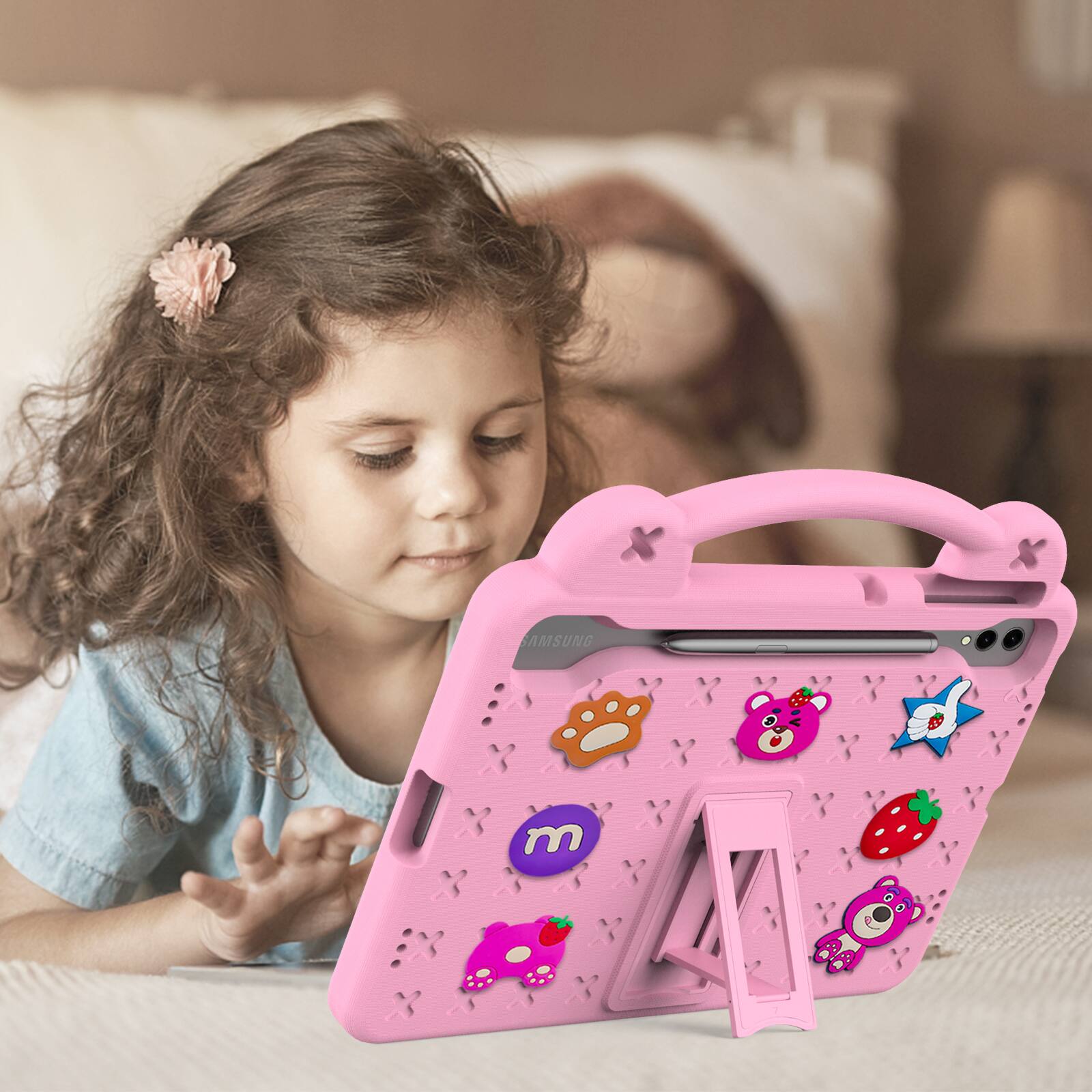 Left. Dteck - For Samsung Galaxy Tab S9 FE+/S9+/S8+/S7 FE/S7+ Cute Cartoon Kid Case Built-in Kickstand Handle Grip Shockproof Cover - Pink.