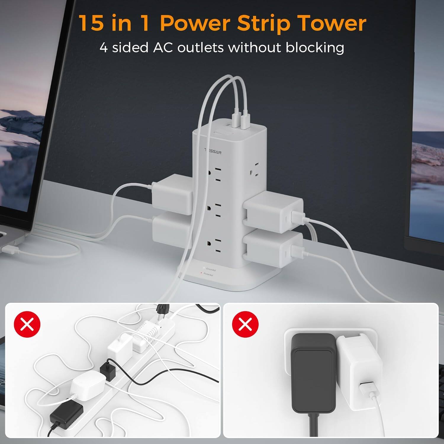 15 in 1 Power Strip Tower  
4 sided AC outlets without blocking