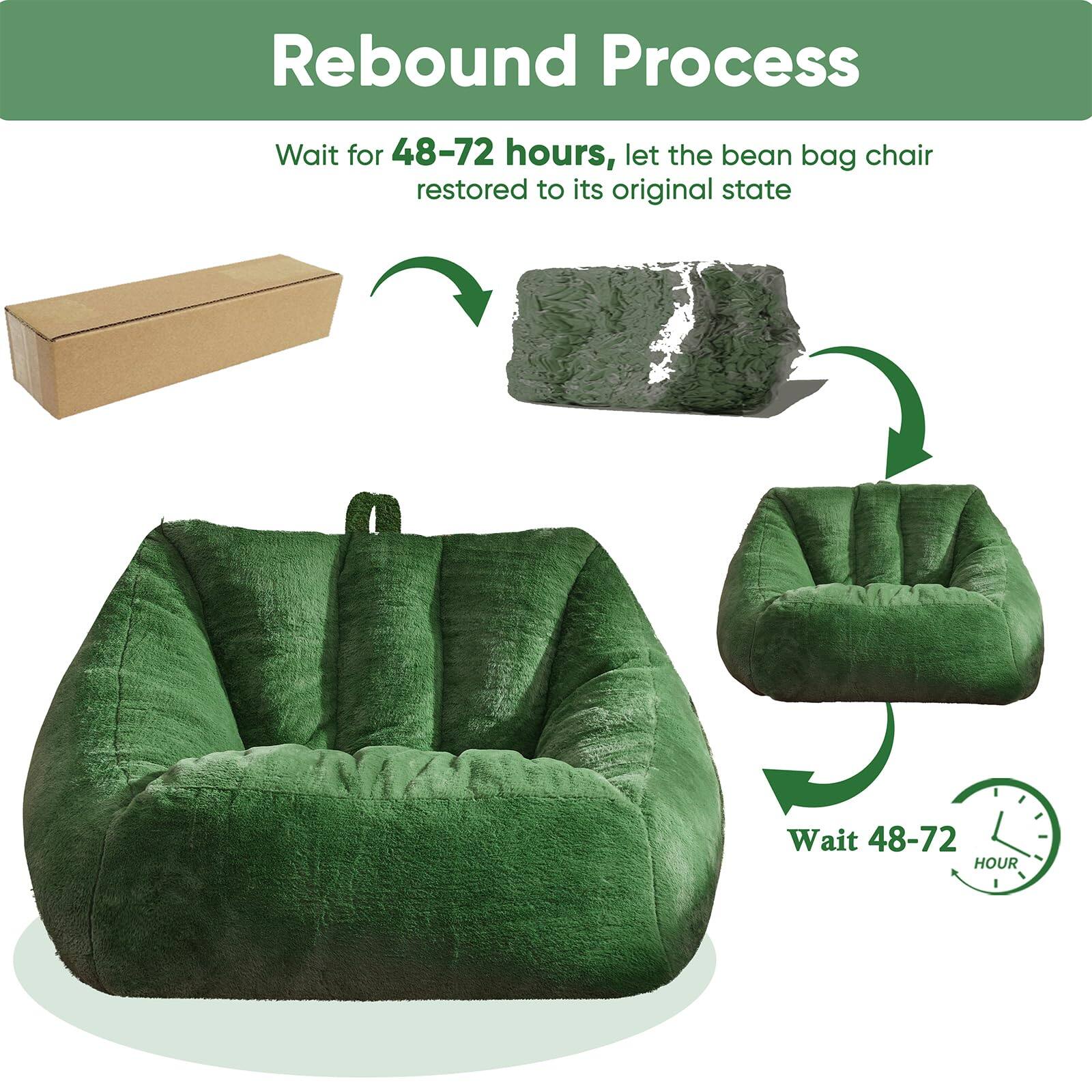 Rebound Process

Wait for 48-72 hours, let the bean bag chair restored to its original state

Wait 48-72 hours