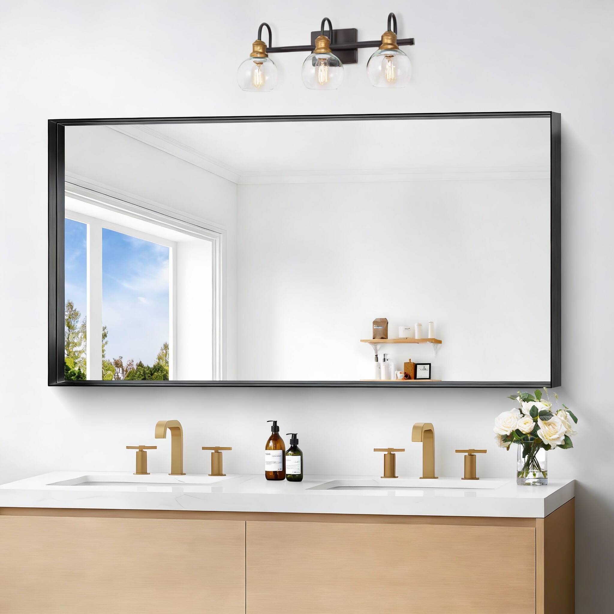 Left. METALTON - Bathroom Mirror Rectangular Framed Large Wall Mounted Vanity Over Sink For Bedroom Restroom Living Room Han - Gold 30"L x 36"W.