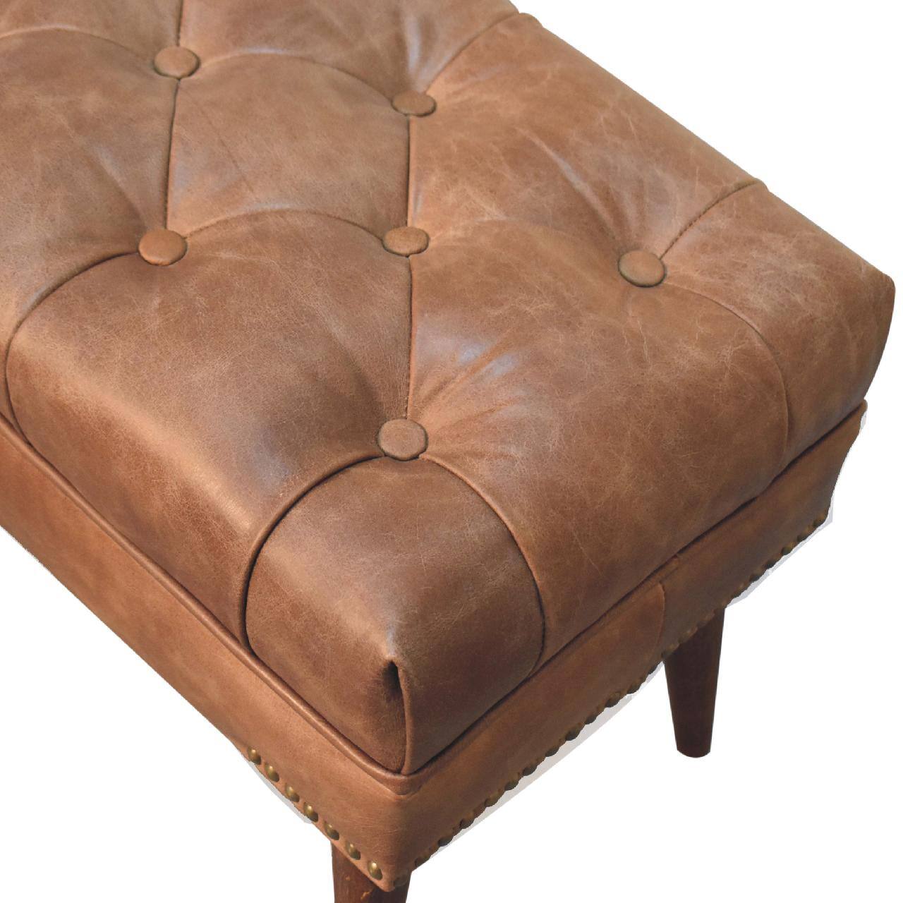 Alt View 2. Artisan Furniture - Artisan Furniture Solid Wood Harbour Brown Leather Bench, Upholstered, Brown - Brown.