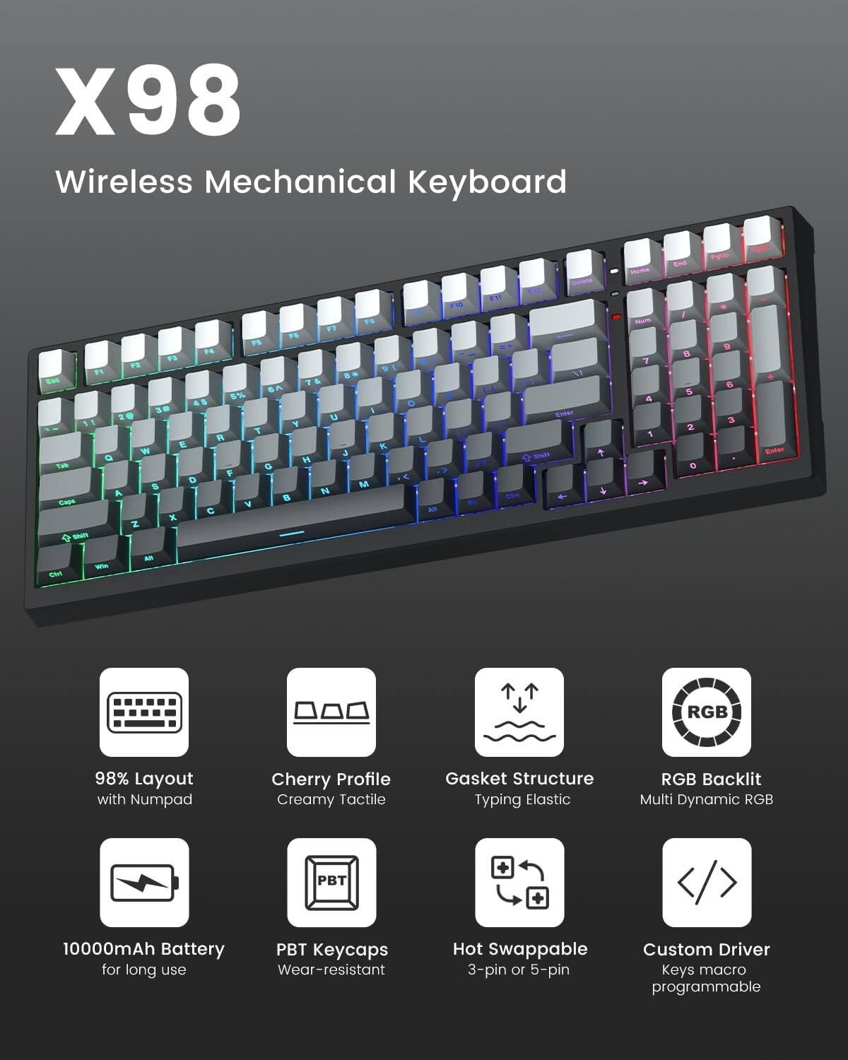 X98 Wireless Mechanical Keyboard

- 98% Layout with Numpad
- Cherry Profile Creamy Tactile
- Gasket Structure Typing Elastic
- RGB Backlit Multi Dynamic RGB
- 10000mAh Battery for long use
- PBT Keycaps Wear-resistant
- Hot Swappable 3-pin or 5-pin
- Custom Driver Keys macro programmable