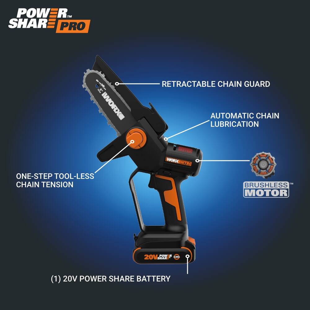 - POWER SHAR PRO
- RETRACTABLE CHAIN GUARD
- AUTOMATIC CHAIN LUBRICATION
- ONE-STEP TOOL-LESS CHAIN TENSION
- BRUSHLESS MOTOR
- (1) 20V POWER SHARE BATTERY