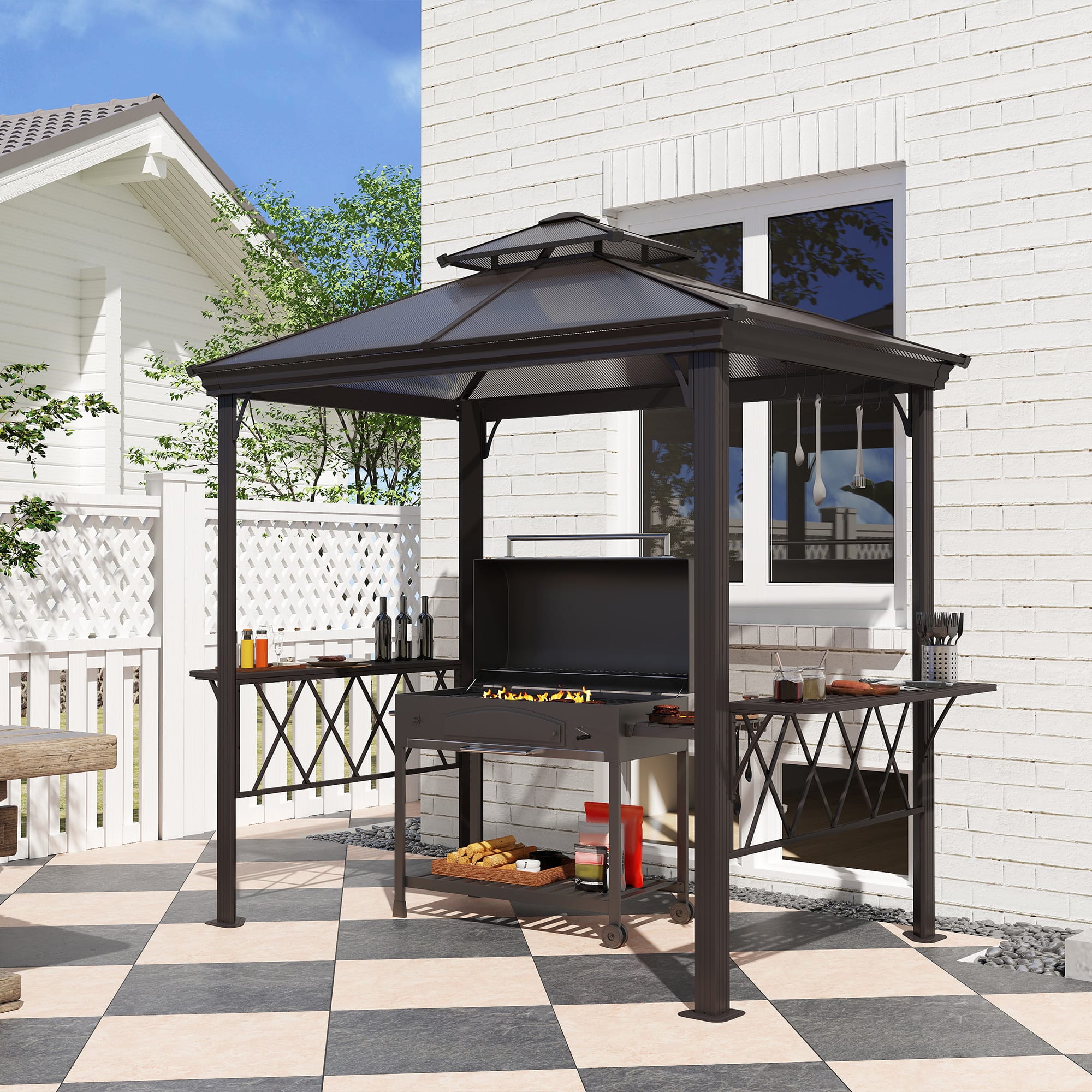Outsunny Outside Porch BBQ Cooking Pergola Canopy w/ 6 Hooks for