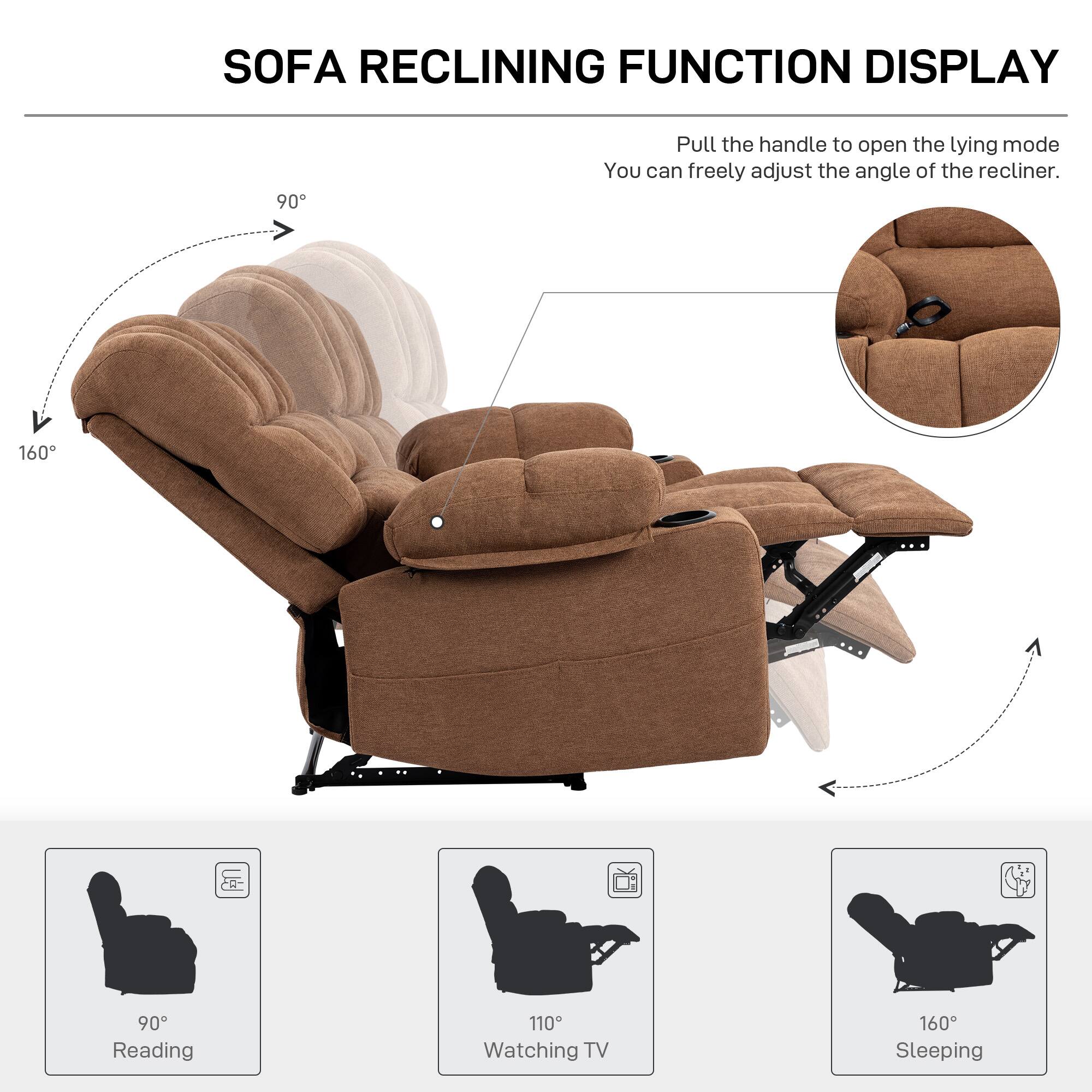 SOFA RECLINING FUNCTION DISPLAY

Pull the handle to open the lying mode. You can freely adjust the angle of the recliner.

90°
Reading

110°
Watching TV

160°
Sleeping