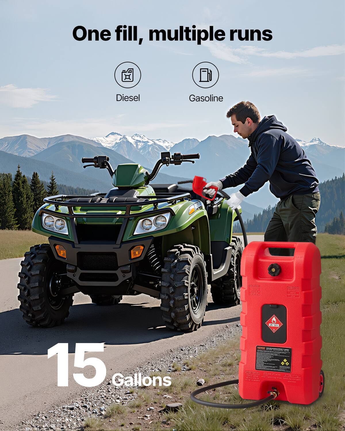 One fill, multiple runs
Diesel
Gasoline
15 Gallons