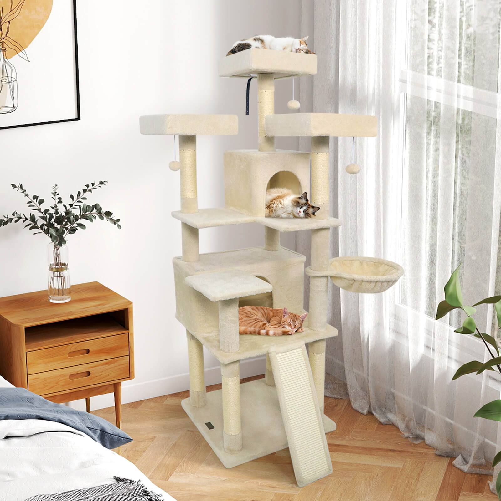 Alt View 4. Costway - Costway 65" Tall Multi-level Cat Tree with 3 Upholstered Top Perch 2 Cat Condos Cat Basket.