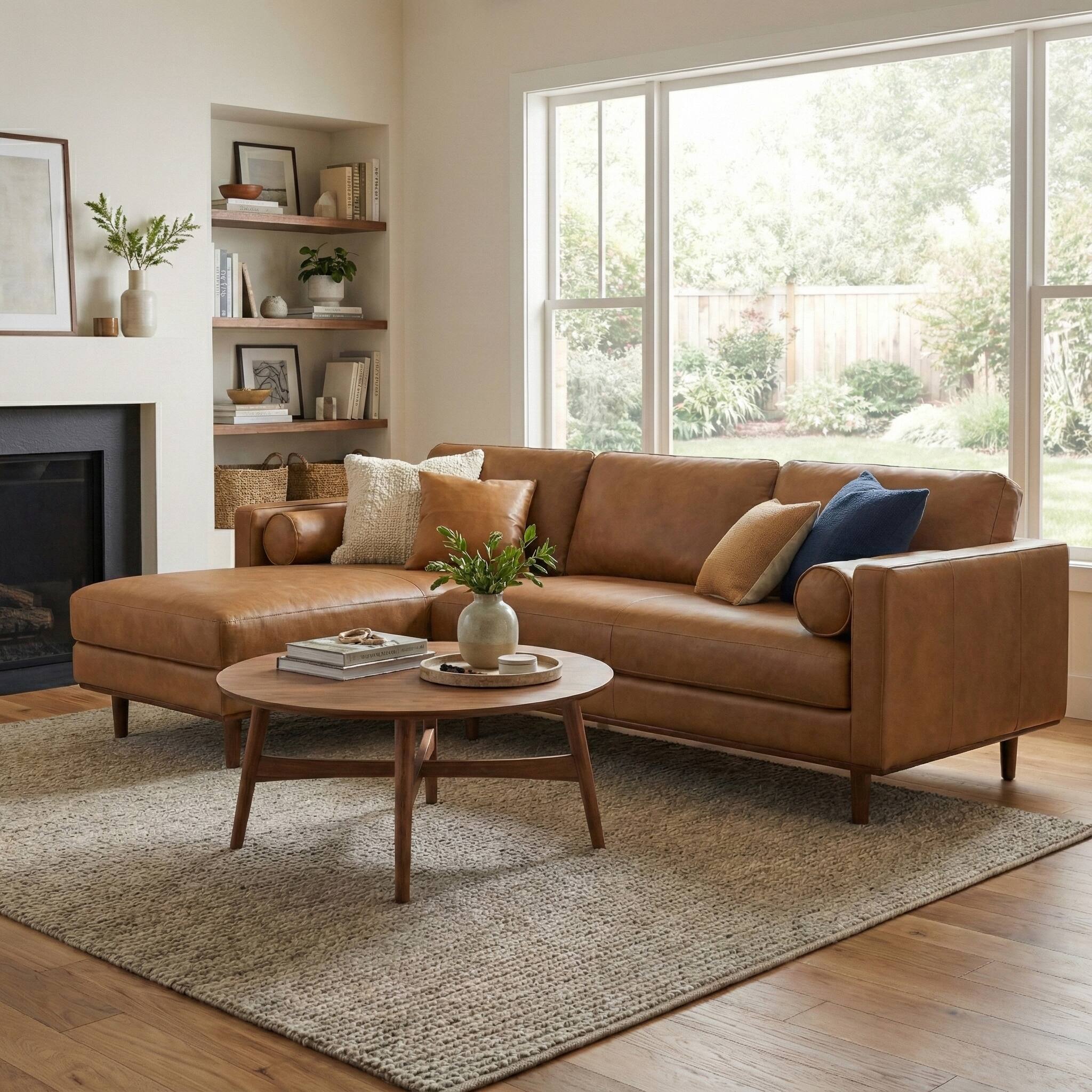 Angle. Simpli Home - Morrison Mid Century Left Sectional 102 inch Wide Sofa Sectional in Caramel Brown Genuine Leather - Caramel Brown.