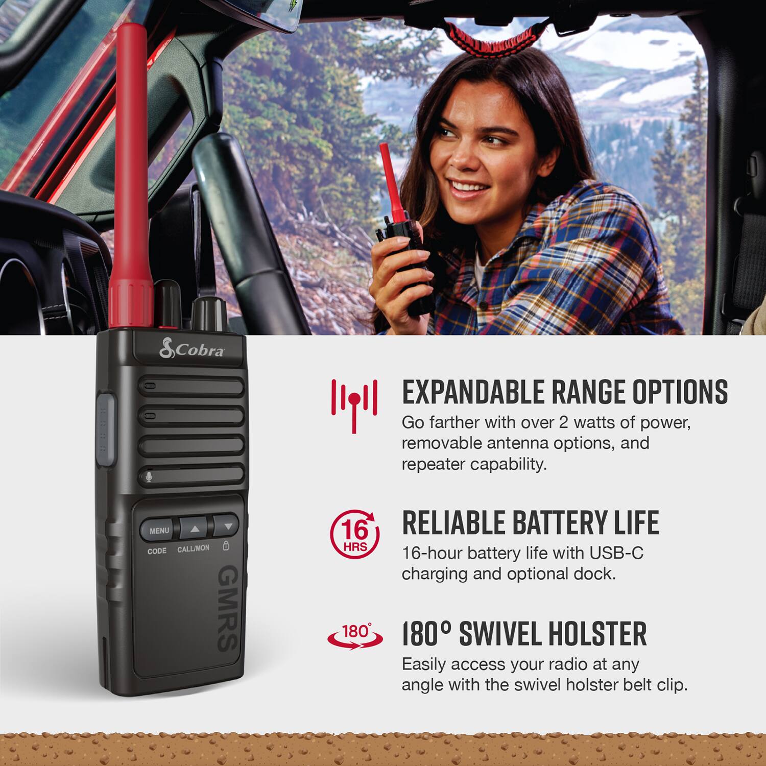 The text on the image is already grouped and correctly written. It describes the features of the Cobra radio, including expandable range options, reliable battery life, and a swivel holster belt clip.