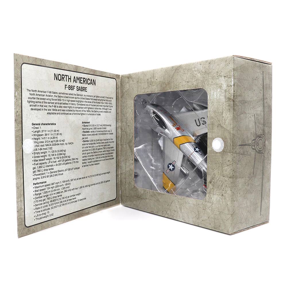 **NORTH AMERICAN**  
**F-86F SABRE**

The North American F-86F Sabre, sometimes called the Sabre, was a transonic jet fighter aircraft produced by North American Aviation. The Sabre was the first swept-wing fighter to enter service with the United States Air Force and was used to counter the swept-wing Soviet MiG-15 in the Korean War. The Sabre was the first jet fighter to be used in combat and was the first jet fighter to be used in a dogfight. The Sabre was developed in the 1940s and was used by the United States Air Force and other air forces around the world. The Sabre was a highly successful aircraft and was used in the Korean War, the Vietnam War, and the Gulf War.

**General characteristics**  
- Crew: 1  
- Length: 37 ft 1 in (11.30 m)  
- Wingspan: 38 ft 9 in (11.81 m)  
- Height: 14 ft 1 in (4.29 m)  
- Wing area: 313.4 sq ft (29.12 m²)  
