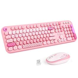 PRIMEPLUS - Retro 2.4GHz Wireless Keyboard & Mouse, Typewriter Style Full Keyboard with Number Pad, for PC Mac Laptop - Lovely Pink