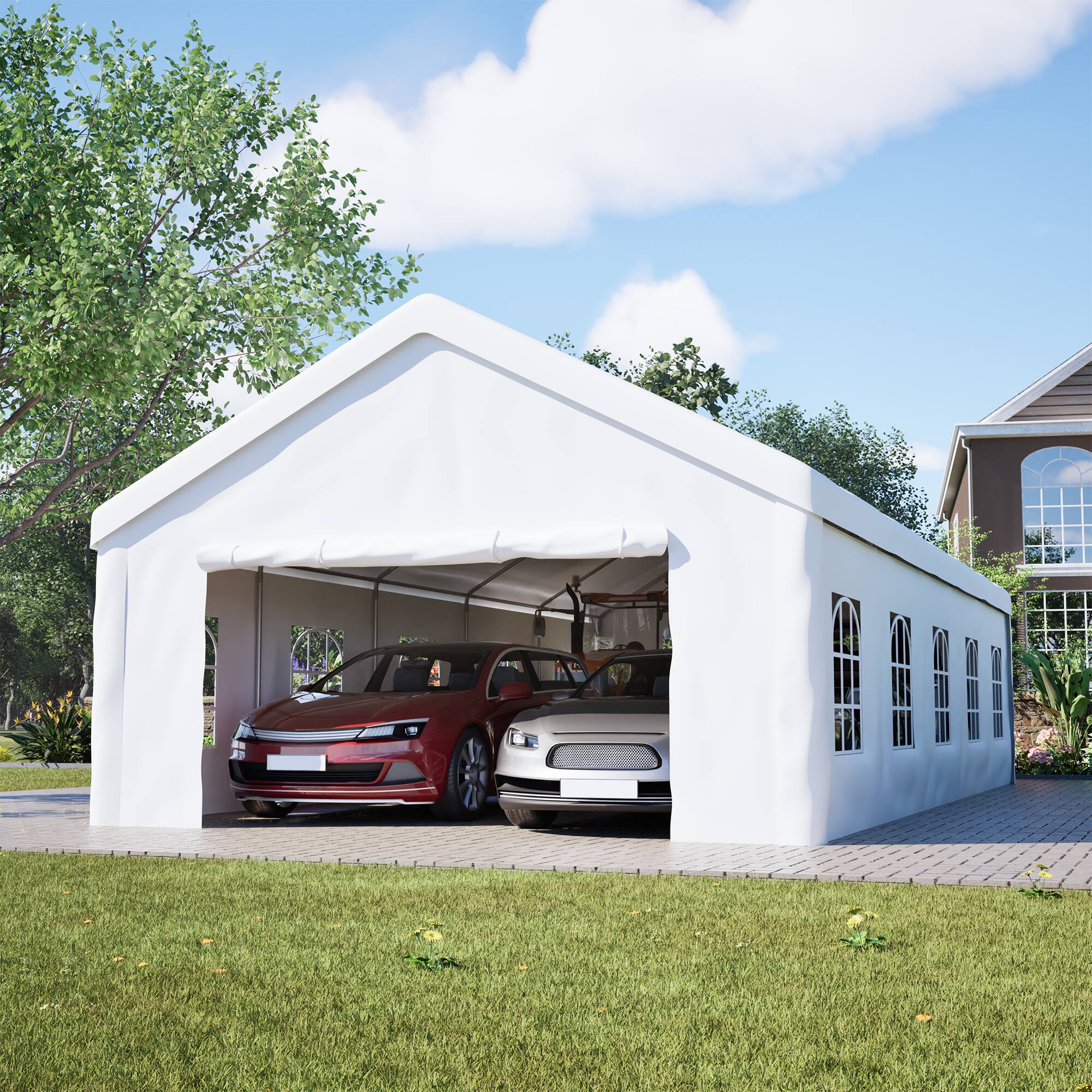 Angle. Mondawe - 16x32 FT Carport Canopy, Portable Metal Carport Garage with Removable Waterproof Cover & Sidewalls - White.