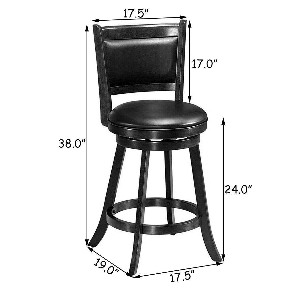 The dimensions of the stool are:

- Height: 38.0"
- Seat height: 24.0"
- Seat width: 19.0"
- Seat depth: 17.5"
- Back height: 17.0"