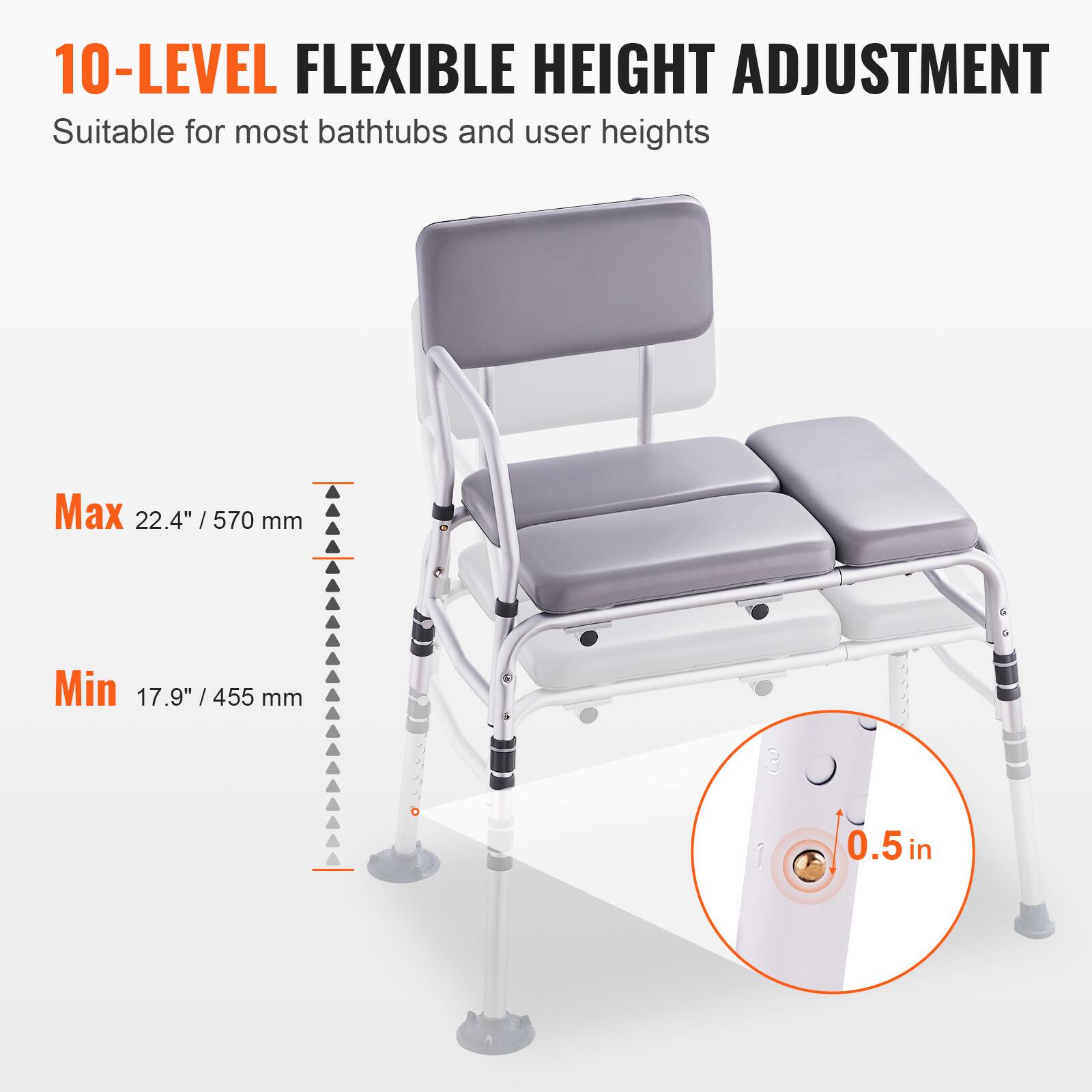 10-LEVEL FLEXIBLE HEIGHT ADJUSTMENT
Suitable for most bathtubs and user heights
Max 22.4" / 570 mm
Min 17.9" / 455 mm
0.5 in
