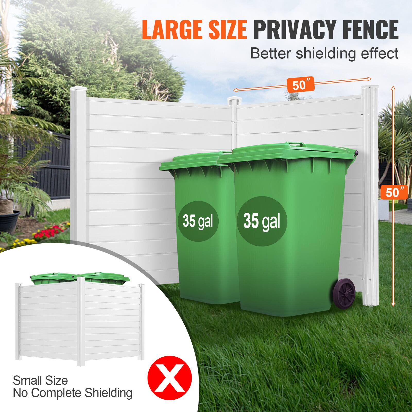 LARGE SIZE PRIVACY FENCE Better shielding effect 50" 35 gal 35 gal 50" Small Size No Complete Shielding