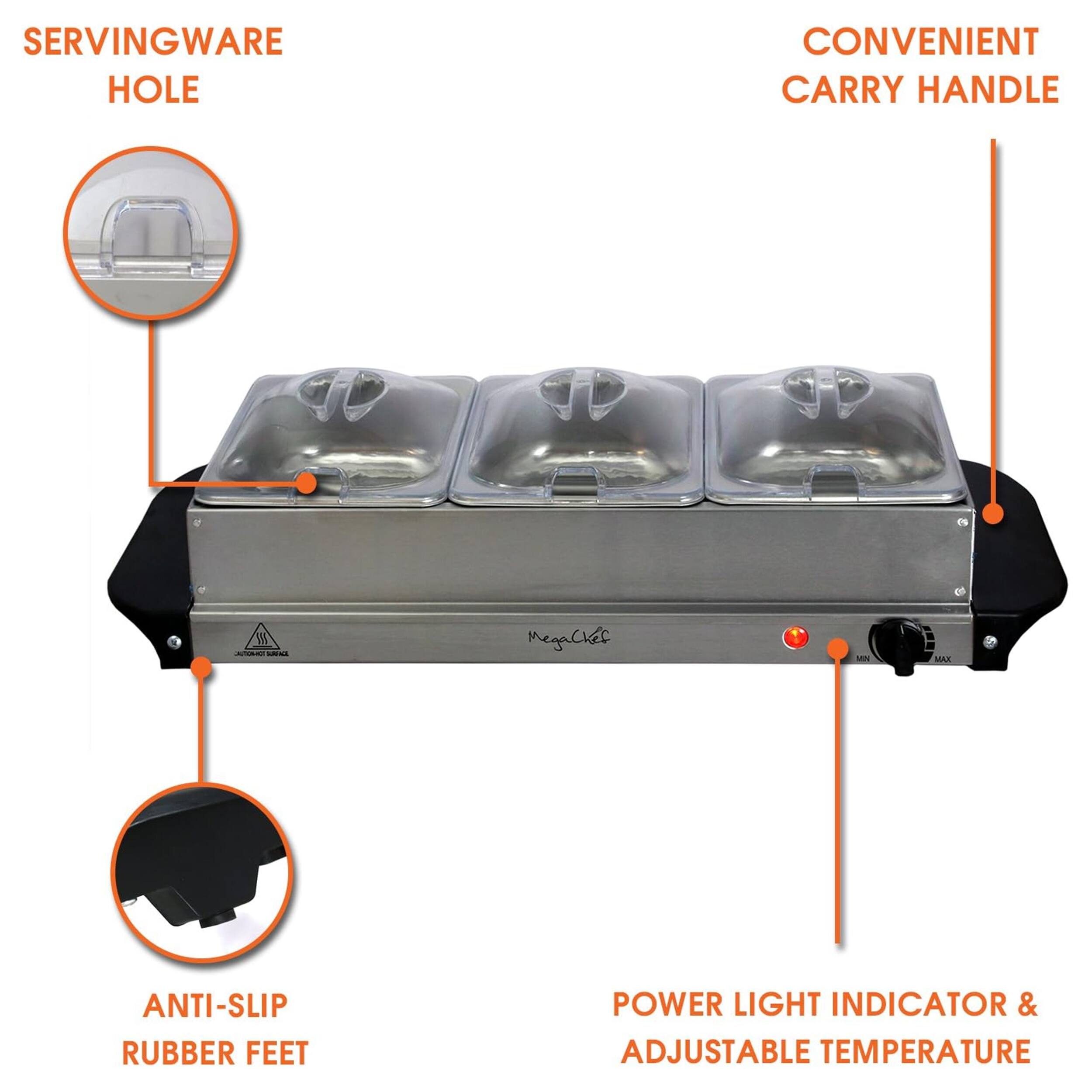 Megacket M, CONVENIENT CARRY HANDLE, POWER LIGHT INDICATOR & ADJUSTABLE TEMPERATURE, SERVINGWARE HOLE, ANTI-SLIP RUBBER FEET