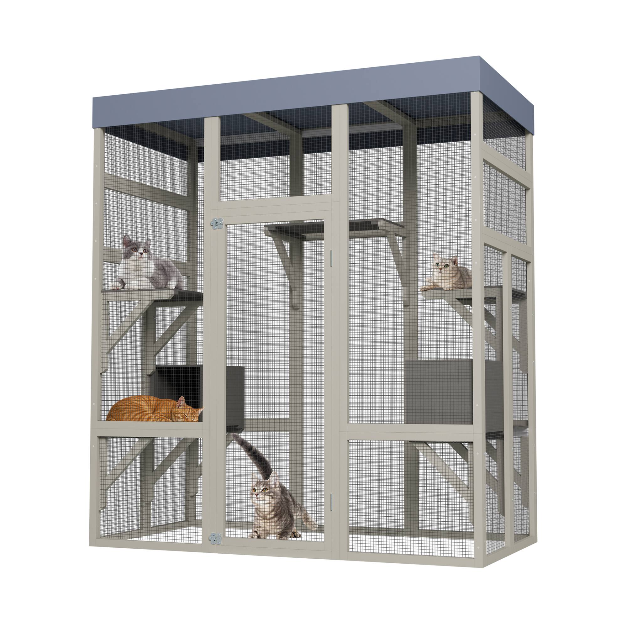 Alt View 4. Siljoy - Gray Wooden Catio with Waterproof Roof, 2 Napping Boxes & Platforms, Outdoor Cat House.