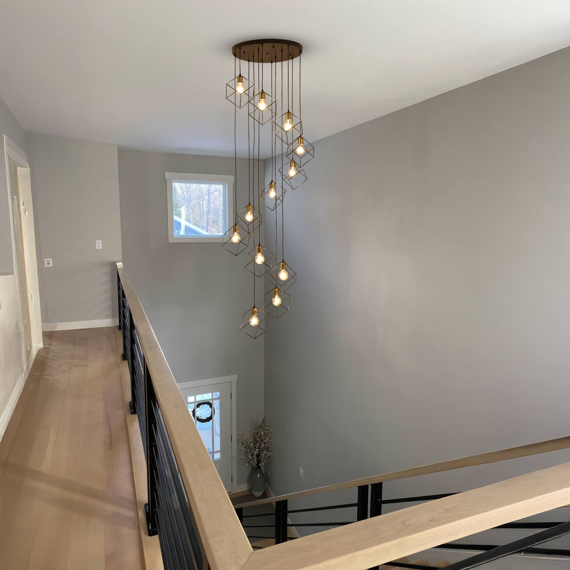 Back. RYHNUYNE - 12-Light Modern Foyer Chandelier,Black Long Pendant Light Fixture for High Ceilings Entryway,Large Staircase Chandeliers - Black.