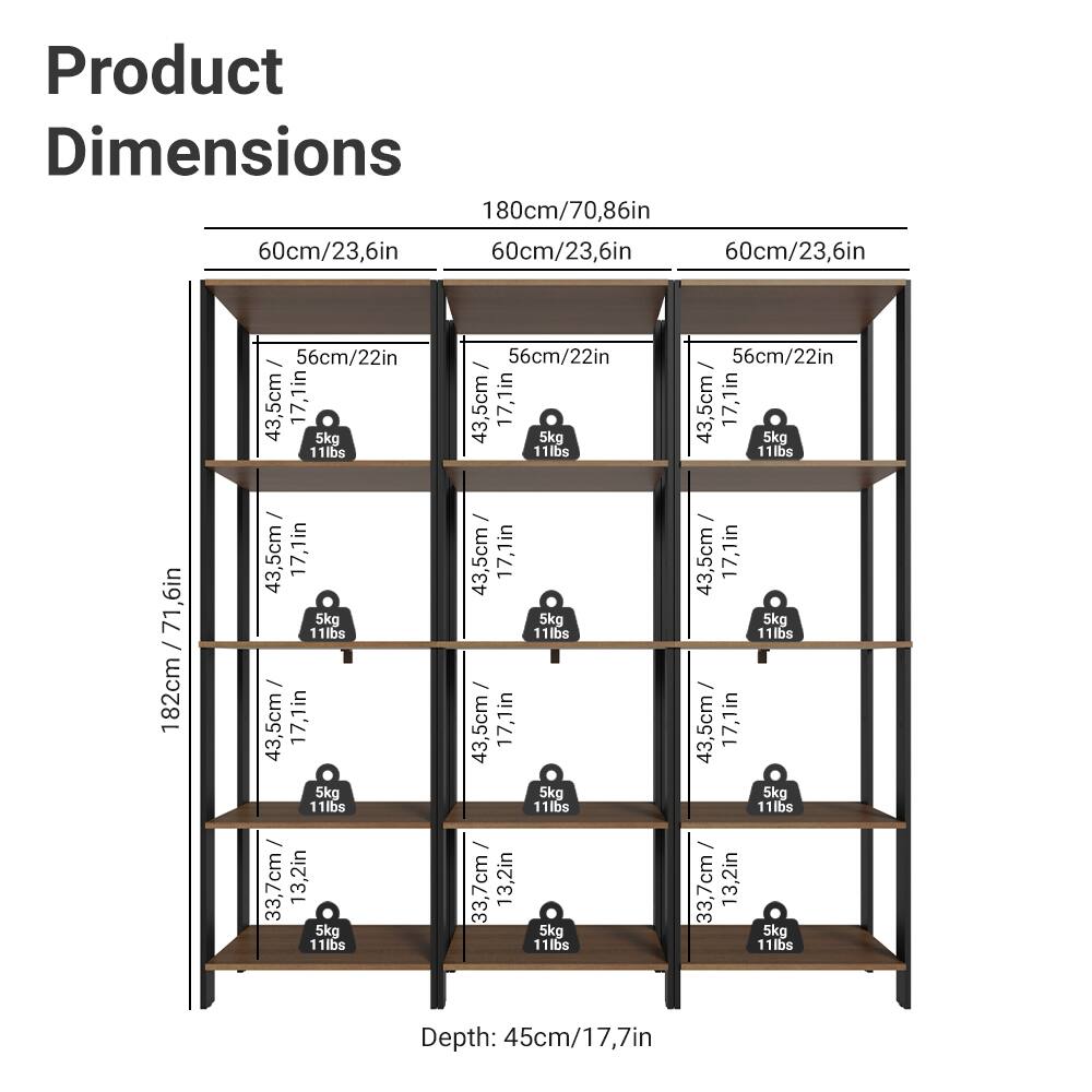 Product Dimensions

- Width: 180cm / 70.86in
- Depth: 60cm / 23.6in
- Height: 182cm / 71.6in

Shelf Dimensions:
- 56cm / 22in (Width) x 43.5cm / 17.1in (Depth) x 5kg / 11lbs (Load Capacity)
- 43.5cm / 17.1in (Width) x 33.7cm / 13.2in (Depth) x 5kg / 11lbs (Load Capacity)

Depth: 45cm / 17.7in