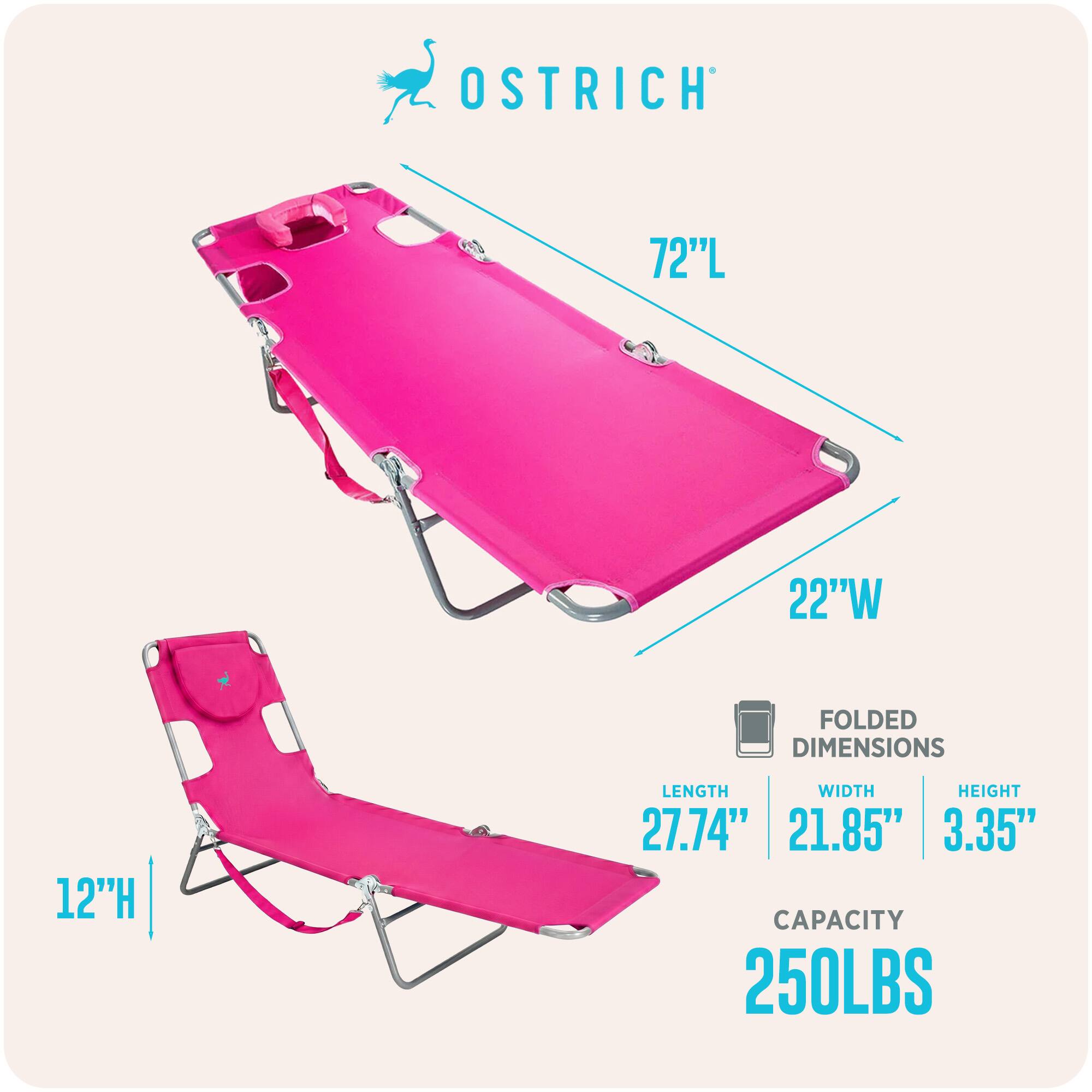 OSTRICH  
72"L x 22"W  
FOLDED DIMENSIONS: 12"H x 27.74"L x 21.85"W x 3.35"H  
CAPACITY: 250LBS
