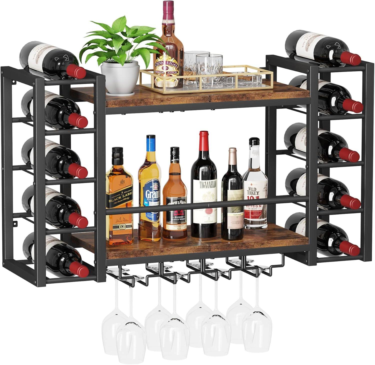 TinyHomie - 31.9in W Wall Mounted Wine Rack Bottle and Glass Holder Wood-Metal Retro Wine Rack Wine Bottles Display Wall Storage