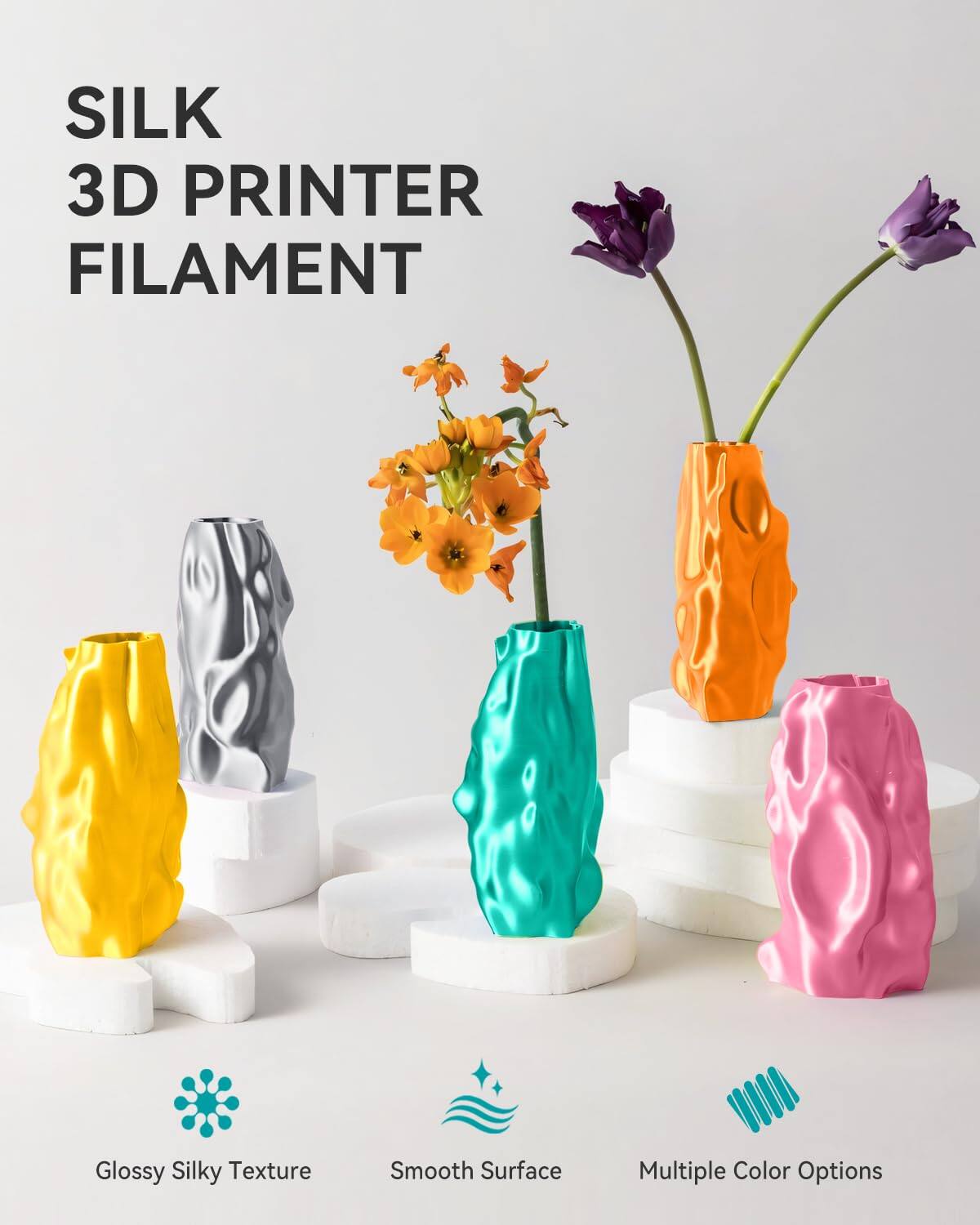 SILK 3D PRINTER FILAMENT

Glossy Silky Texture  
Smooth Surface  
Multiple Color Options