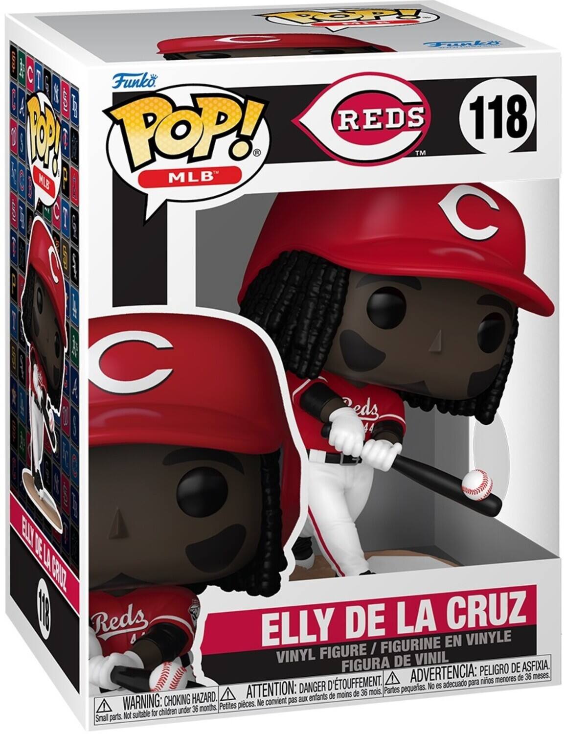 Funko POP! MLB  
REDS 118  

ELLY DE LA CRUZ  
VINYL FIGURE / FIGURINE EN VINYLE / FIGURA DE VINIL  

WARNING: CHOKING HAZARD. Small parts. Not suitable for children under 36 months.  
ATTENTION: DANGER D'ÉTOUFFEMENT. Petites pièces. Ne convient pas aux enfants de moins de 36 mois.  
ADVERTENCIA: PEORO DE ASFIXIA. Partes pequeñas. No es adecuado para niños menores de 36 meses.