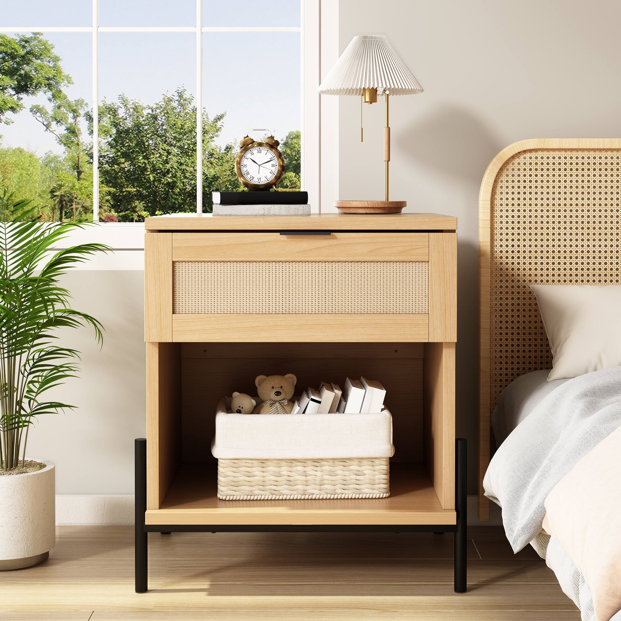 Alt View 6. U-HOMY - Boho Rattan Nightstand Set of 2, 19.7" Wide Bedside Tables with Drawer and Shelf for Bedroom or Living Room - Wood Color.