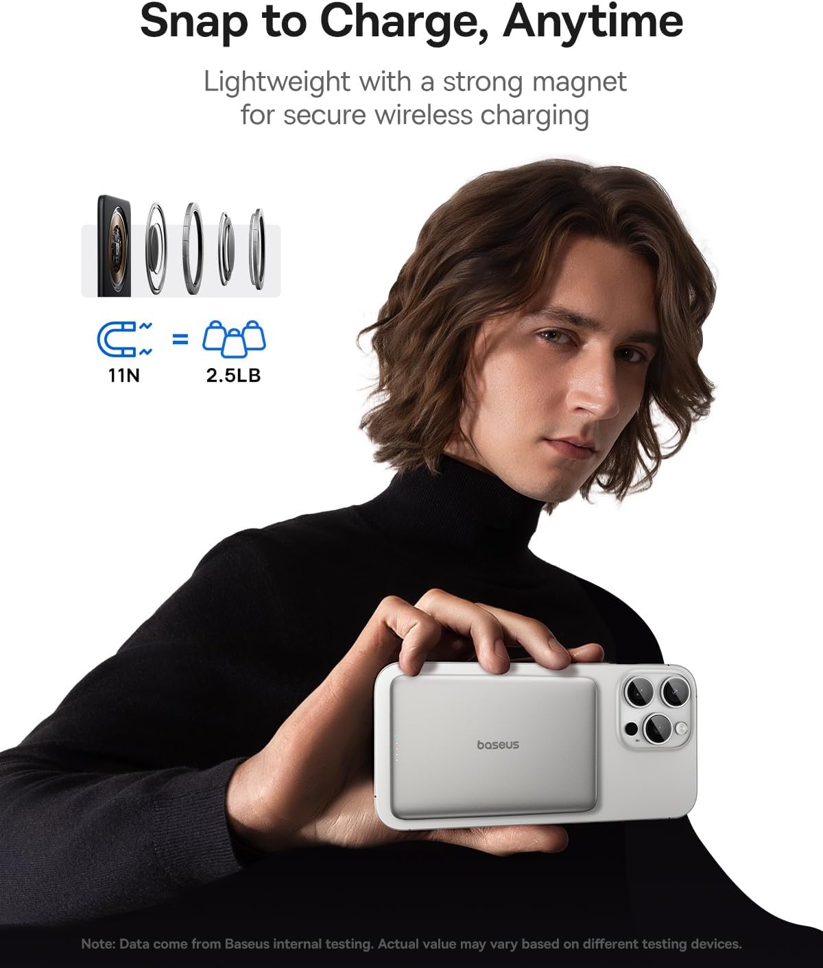Snap to Charge, Anytime
Lightweight with a strong magnet for secure wireless charging
= 11N 2.5LB
boseus
Note: Data come from Baseus internal testing. Actual value may vary based on different testing devices.