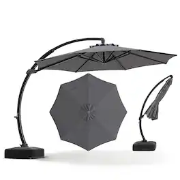 Costway - 11 FT Cantilever Patio Umbrella with Base, 360° Rotation & Tilt Adjustment for Yard - Gray