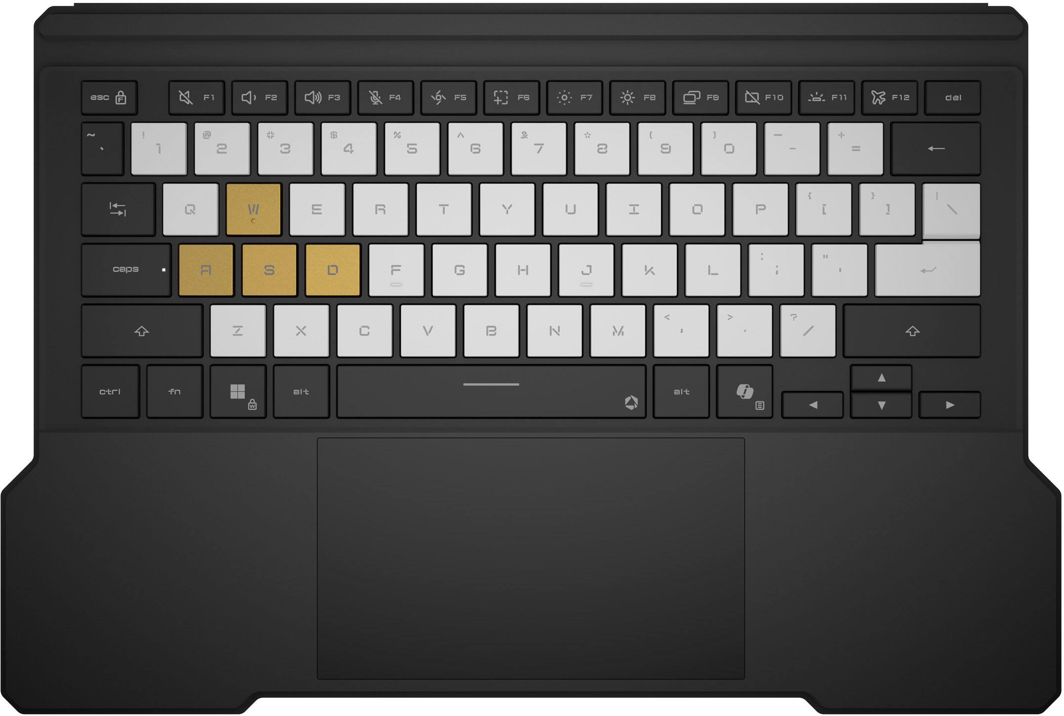 F1 F2 F3 F4 F5 F6 F7 F8 F9 F10 F11 F12 Esc 1 2 3 4 5 6 7 8 9 0 - = Q W E R T Y U I O P { } | A S D F G H J K L : " Z X C V B N M , . / Ctrl Fn Alt Caps