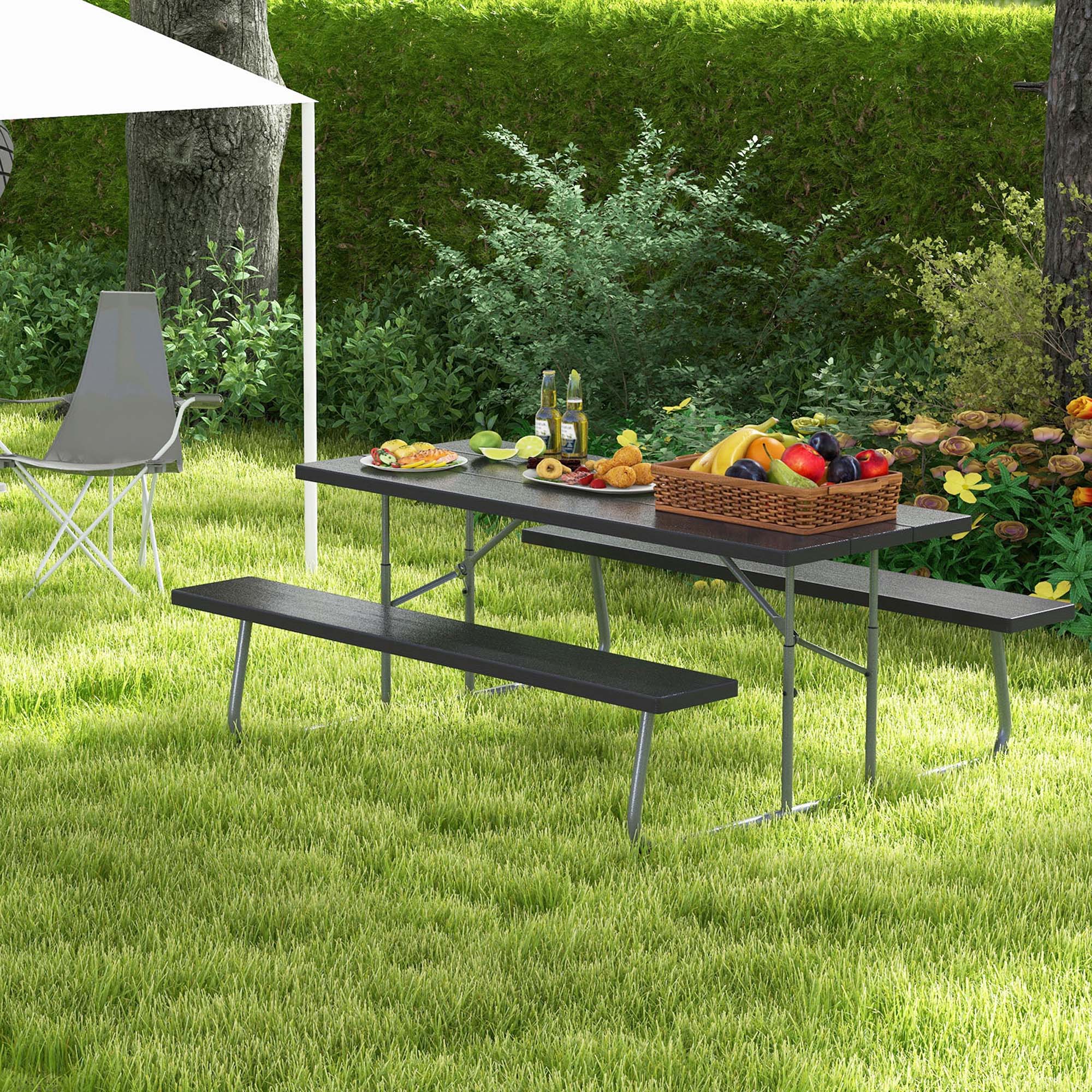 Alt View 2. Costway - Costway Folding Picnic Table with Wood-like Tabletop, Umbrella Hole, 2 Benches for 8 Person - Black.