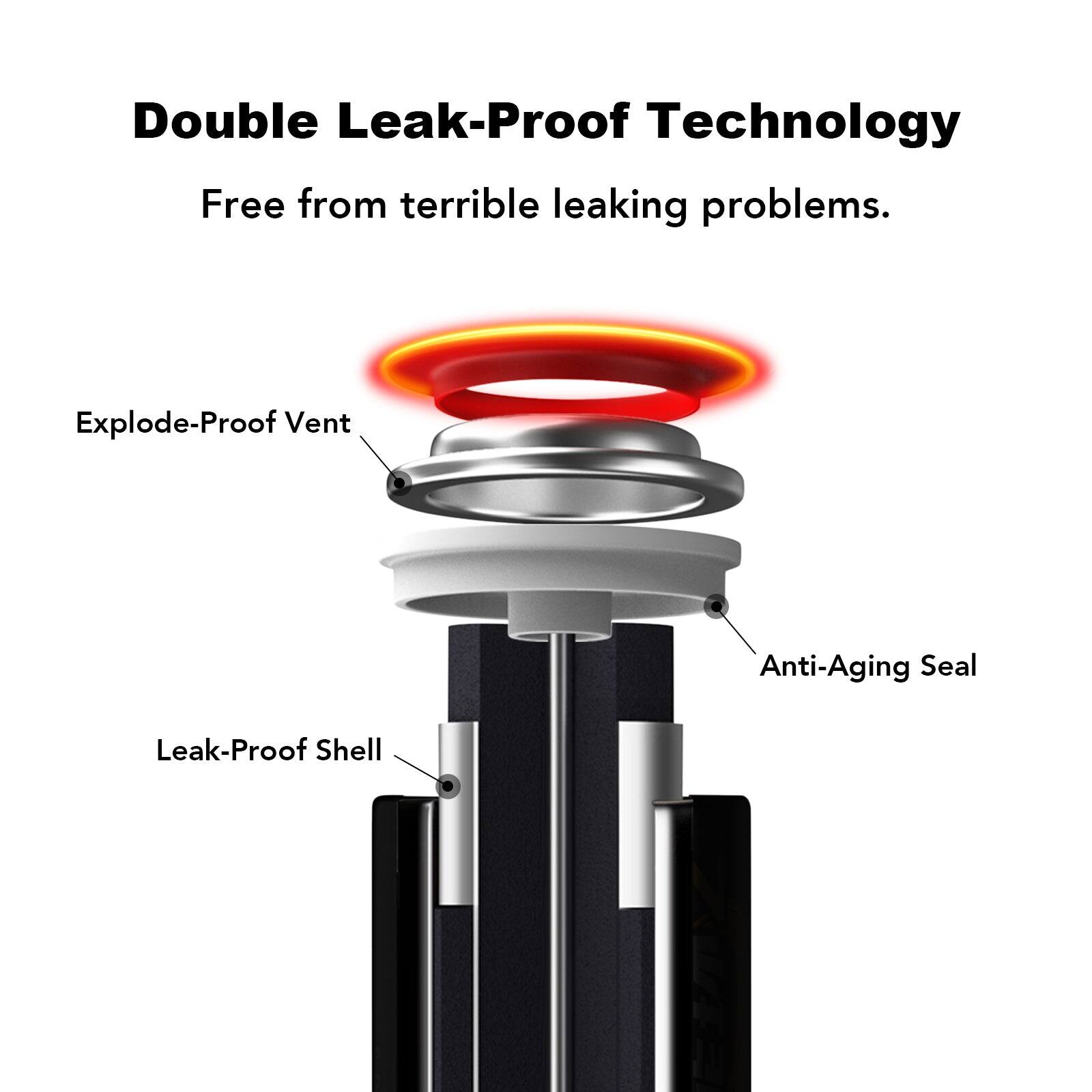 Double Leak-Proof Technology  
Free from terrible leaking problems.  
Explode-Proof Vent  
Anti-Aging Seal  
Leak-Proof Shell