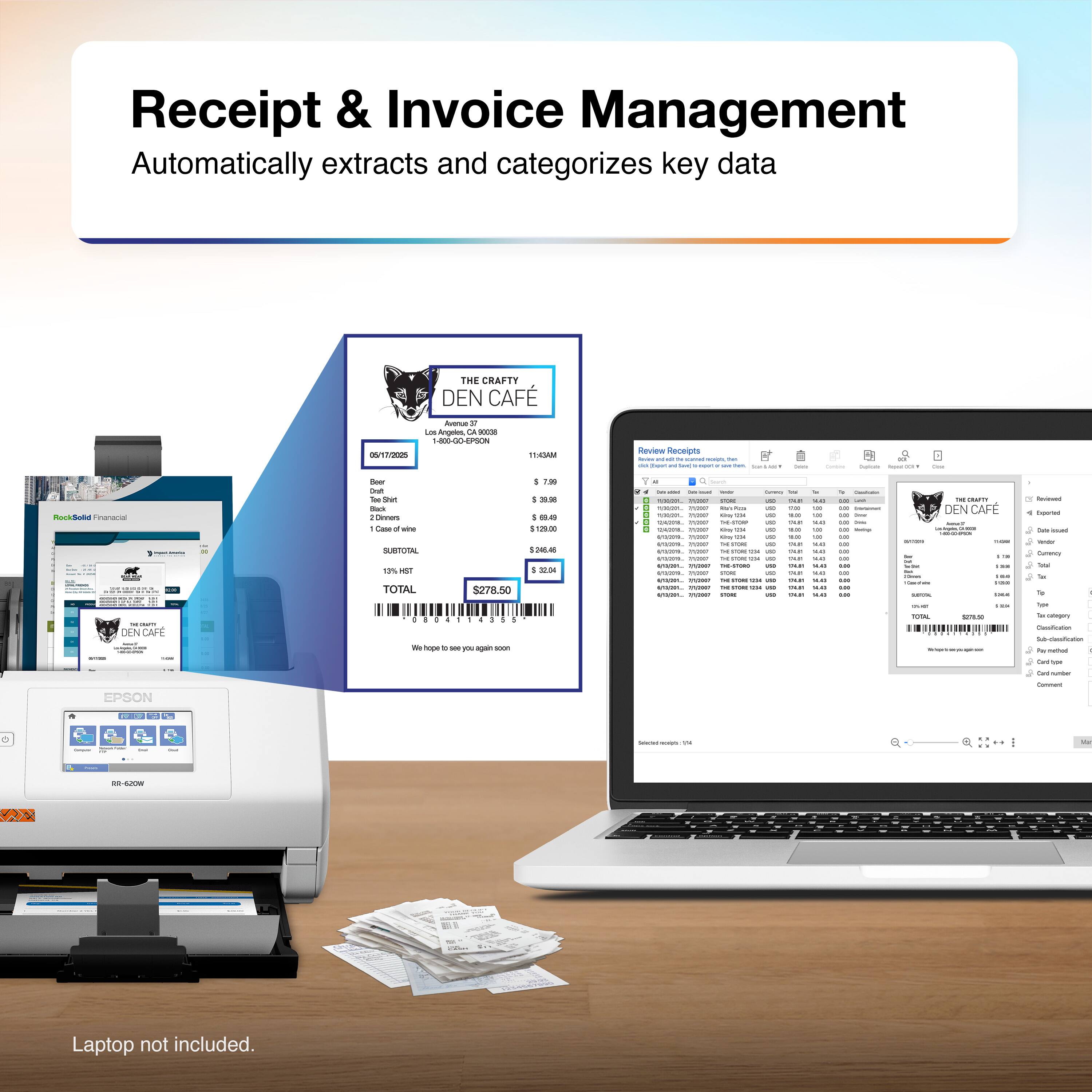 Receipt & Invoice Management  
Automatically extracts and categorizes key data

---

**The Crafty Den Café**  
11155 Sunset Blvd  
Los Angeles, CA 90024  
(323) 500-0000  
09/17/2020  
11:45 AM  

Beer  
$5.99  

2 Dinners  
$14.40  

1 Case of wine  
$5.96  

**Subtotal**  
$26.35  

**13% HST**  
$3.43  

**Total**  
$29.78  

---

**Review Receipts**  
RockSolid Financial  

**Receipt ID**  
09/17/2020 11:45 AM  

**Store**  
The Crafty Den Café  

**Date**  
09/17/2020  

**Time**  
11:45 AM  

**Items**  
- Beer  
  - $5.99  
- 2 Dinners  
  - $14.40  
- 1 Case of wine  
  - $5.96