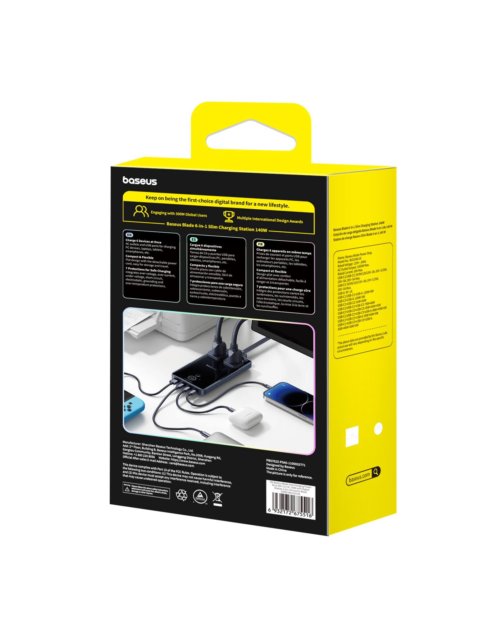 baseus  
Keep on being the first-choice digital brand for a new lifestyle.

Engaging with 300M Global Users  
Baseus Blade 6-in-1 Slim Charging Station 140W

Compact & Flexible  
- Charge 6 devices at once  
- 6 C-ports, 2 USB-C, 2 USB-A, 2 USB-C  
- Compact design, easy to carry  
- Compatible with the detachable power cable  
- 7-layer protection for safe charging  
- Intelligent over-charge, over-voltage, over-current, over-temperature, short-circuit protection

Carry 6 Devices  
- Compact design, easy to carry  
- 6 C-ports, 2 USB-C, 2 USB-A, 2 USB-C  
- Compatible with the detachable power cable  
- 7-layer protection for safe charging  
- Intelligent over-charge, over-voltage, over-current, over-temperature, short-circuit protection

Multiple International Design Awards

Baseus Blade 6-in-1 Slim Charging Station 140W  
Charge apparaat en 6 appareils simultanément  
Compact et flexible, facile à emporter  
Compatible avec le câble d'alimentation dét