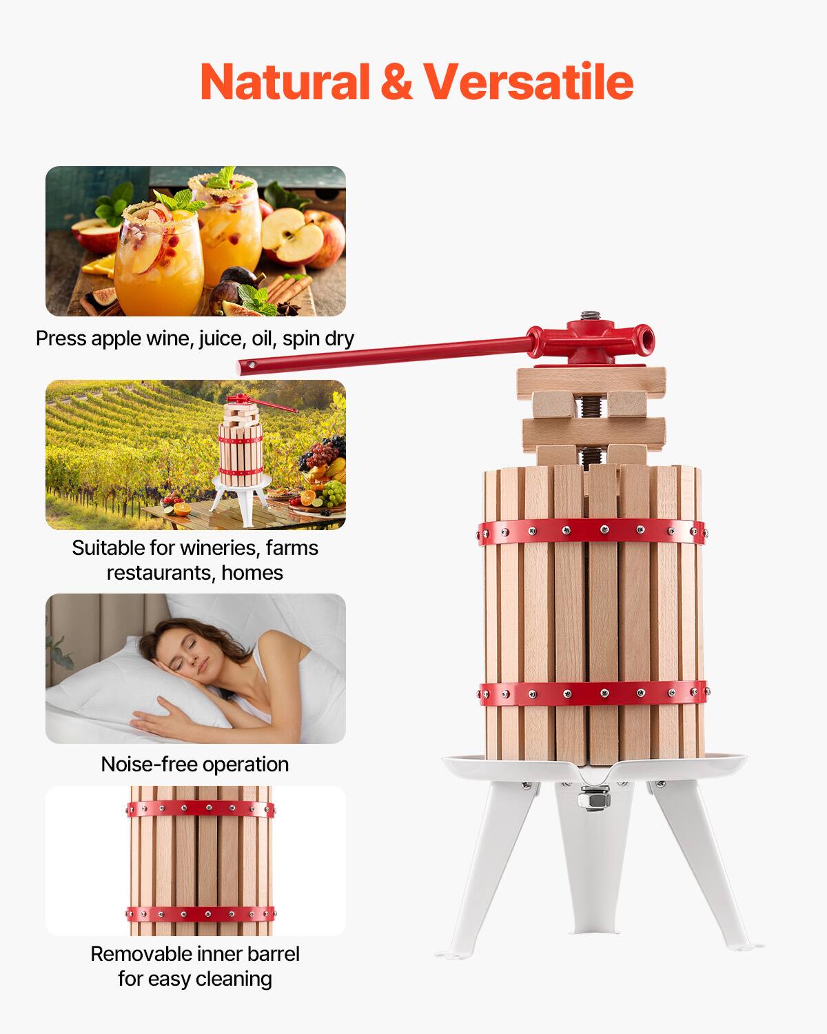 Natural & Versatile

Press apple wine, juice, oil, spin dry

Suitable for wineries, farms restaurants, homes

Noise-free operation

Removable inner barrel for easy cleaning
