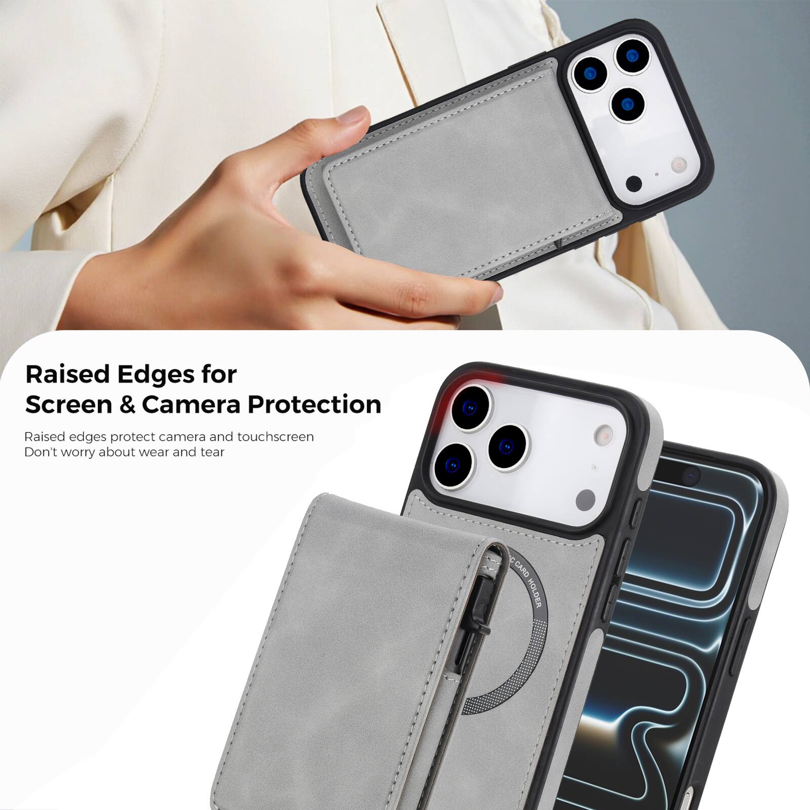 Raised Edges for Screen & Camera Protection  
Raised edges protect camera and touchscreen  
Don't worry about wear and tear  

ECARD HOLDER