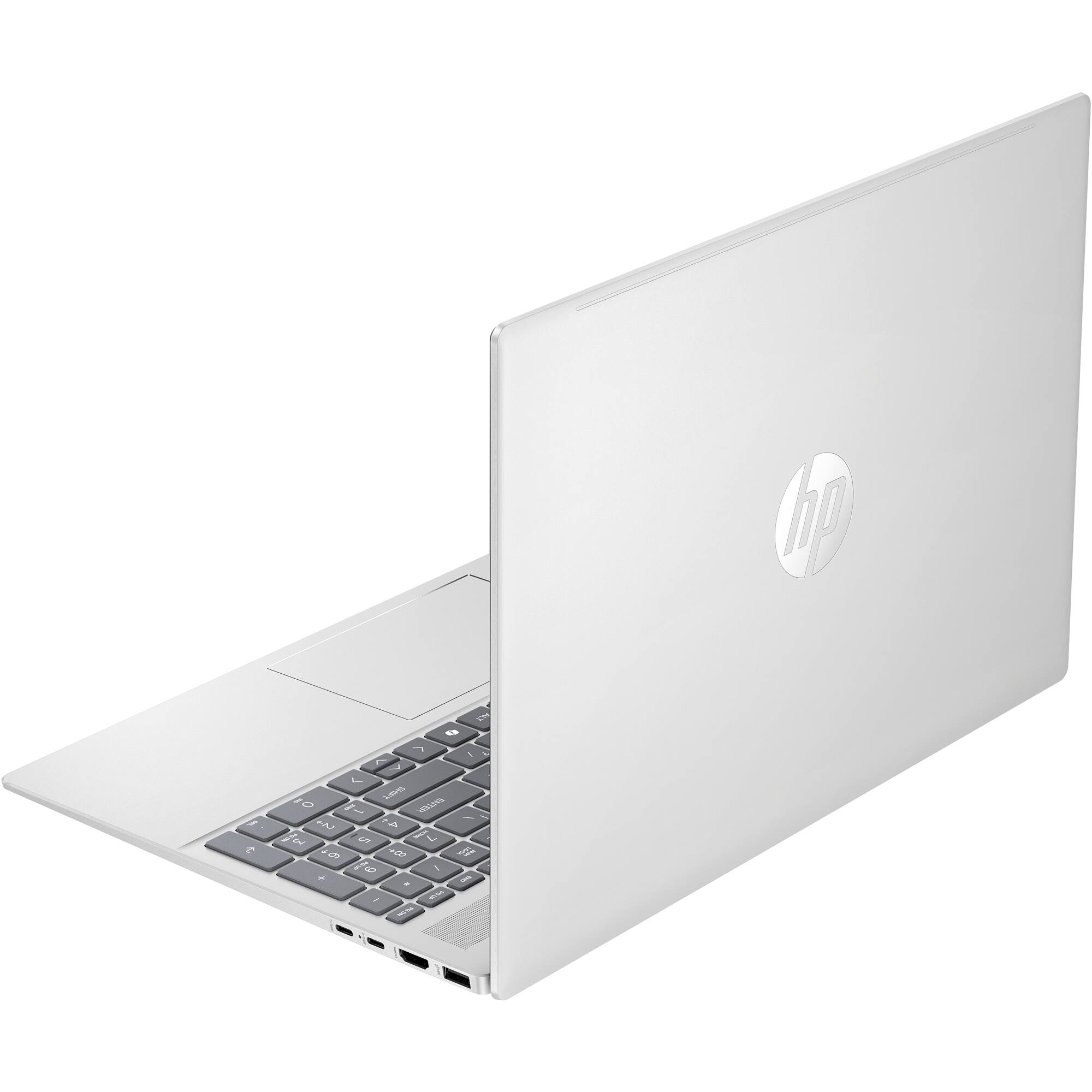 The image features a white laptop computer with a keyboard and a touchpad. The laptop is made by HP and has a sleek, modern design. The keyboard is located in the center of the laptop, and the touchpad is positioned towards the right side. The laptop is open and ready for use, showcasing its clean and minimalist appearance.