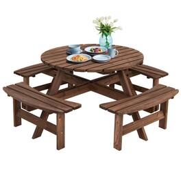 Hivvago - 8-Set Outdoor Solid Wood Round Picnic Table with 4 Benches Patio Garden Dining Set - Brown
