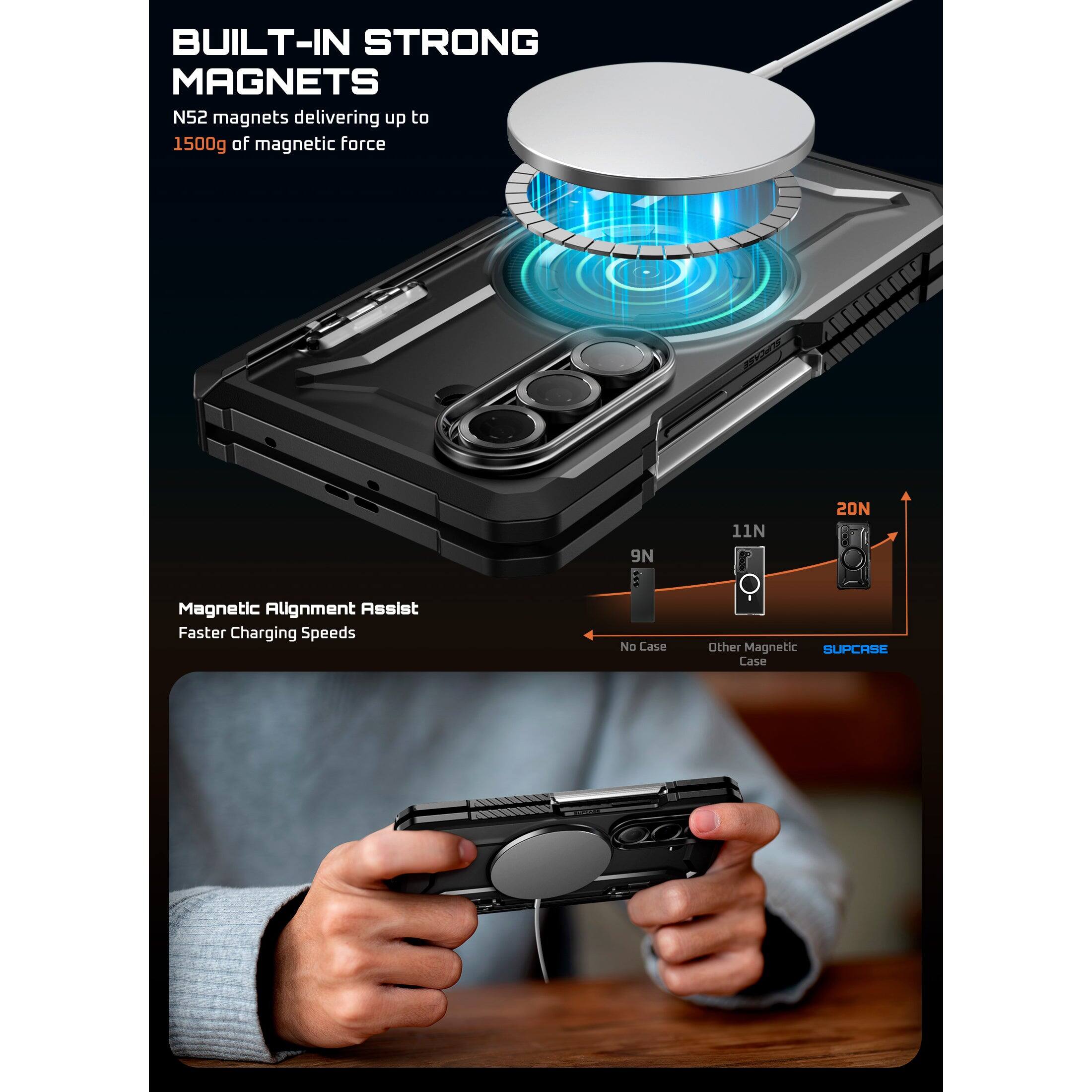 BUILT-IN STRONG MAGNETS
N52 magnets delivering up to 1500g of magnetic force
9N 11N 20N
Magnetic Alignment Assist
Faster Charging Speeds
No Case
Other Magnetic SUPCRSE Case