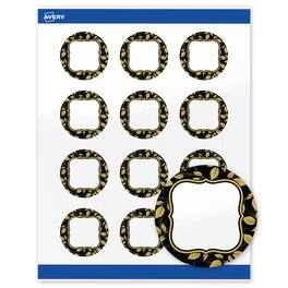 Avery - Labels, 2" Round, Glossy Black Flourish & Golden Leaves - White