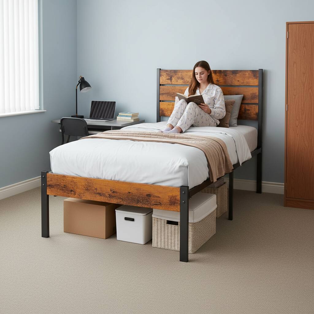 Angle. AOITUN - Twin Size Industrial Bed Frame, Rustic Wood Headboard & Footboard, 800LBS Capacity, 12" Underbed Storage. - Rustic.