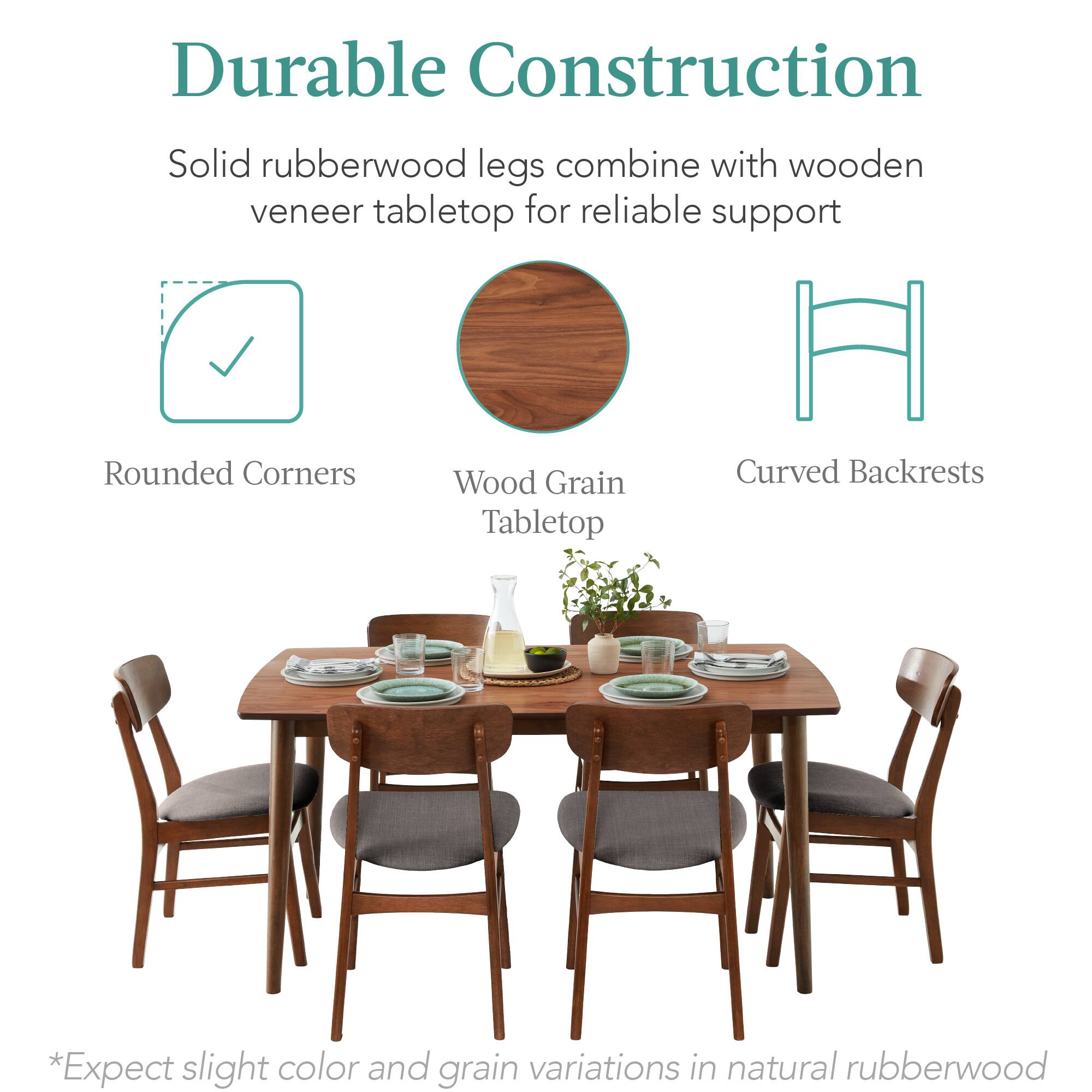 Durable Construction  
Solid rubberwood legs combine with wooden veneer tabletop for reliable support  

- Rounded Corners  
- Wood Grain Tabletop  
- Curved Backrests  

*Expect slight color and grain variations in natural rubberwood